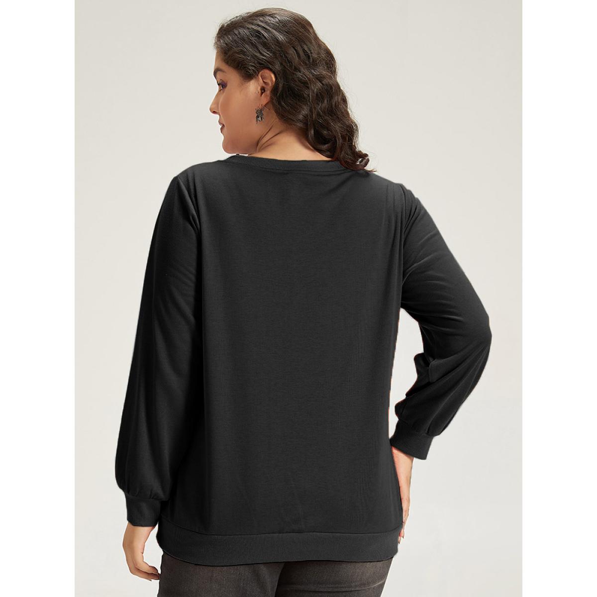 Plus Size Halloween Pumpkin Crew Neck Elastic Cuffs Sweatshirt Women Black Casual Elastic cuffs Festival-Halloween Sweatshirts BloomChic 10/M Product Image