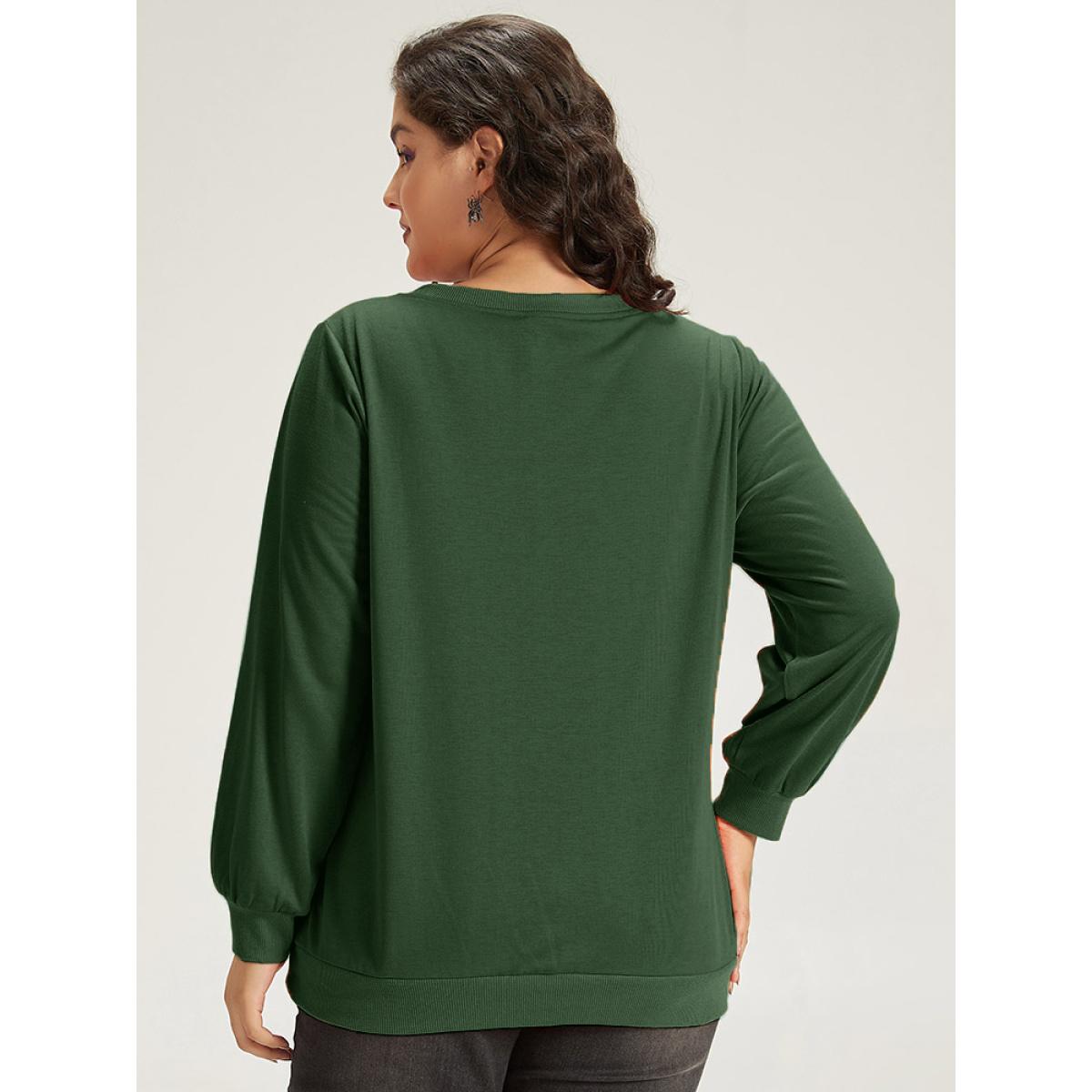 Plus Size Halloween Pumpkin Crew Neck Elastic Cuffs Sweatshirt Women Green Casual Elastic cuffs Festival-Halloween Sweatshirts BloomChic 14-16/1X Product Image