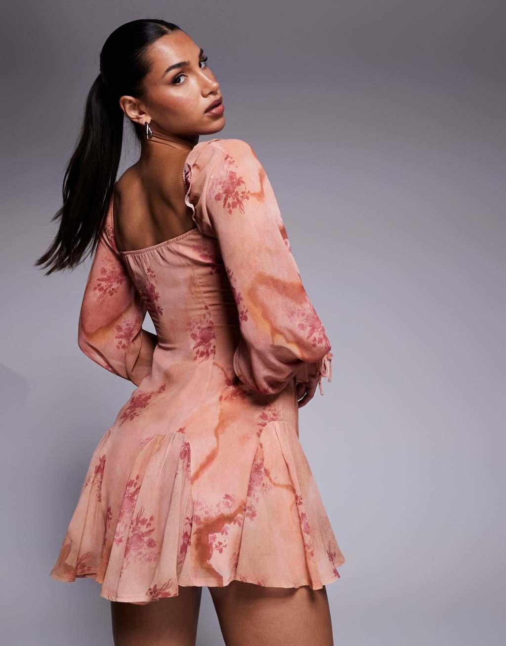 Love Triangle milkmaid mini dress with tie detail in apricot floral Product Image