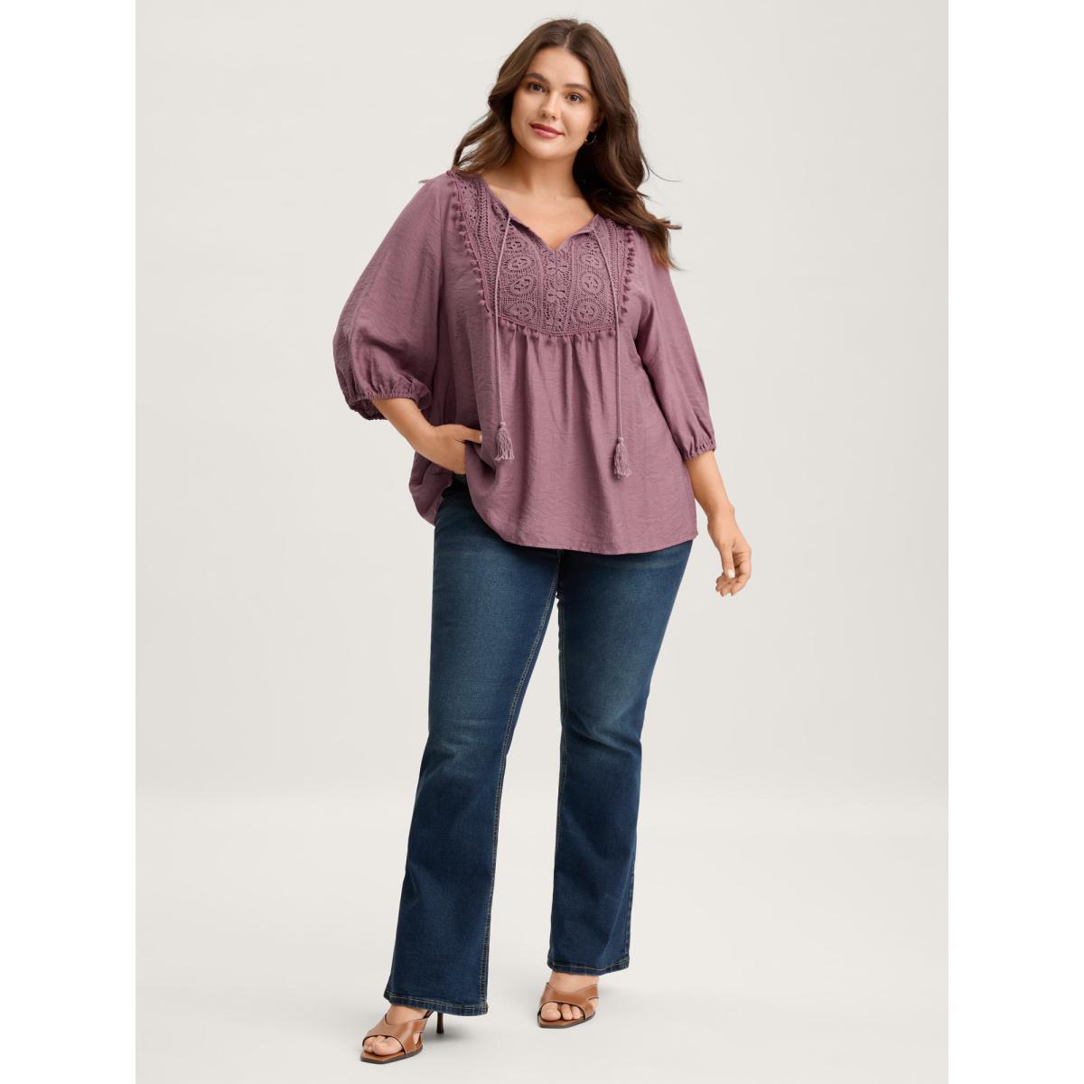 Plus Size Mauve Lace Neck Tie Flowy Solid Blouse Women Boho Elbow-length sleeve V-neck Vacation Blouses BloomChic 10/M Product Image