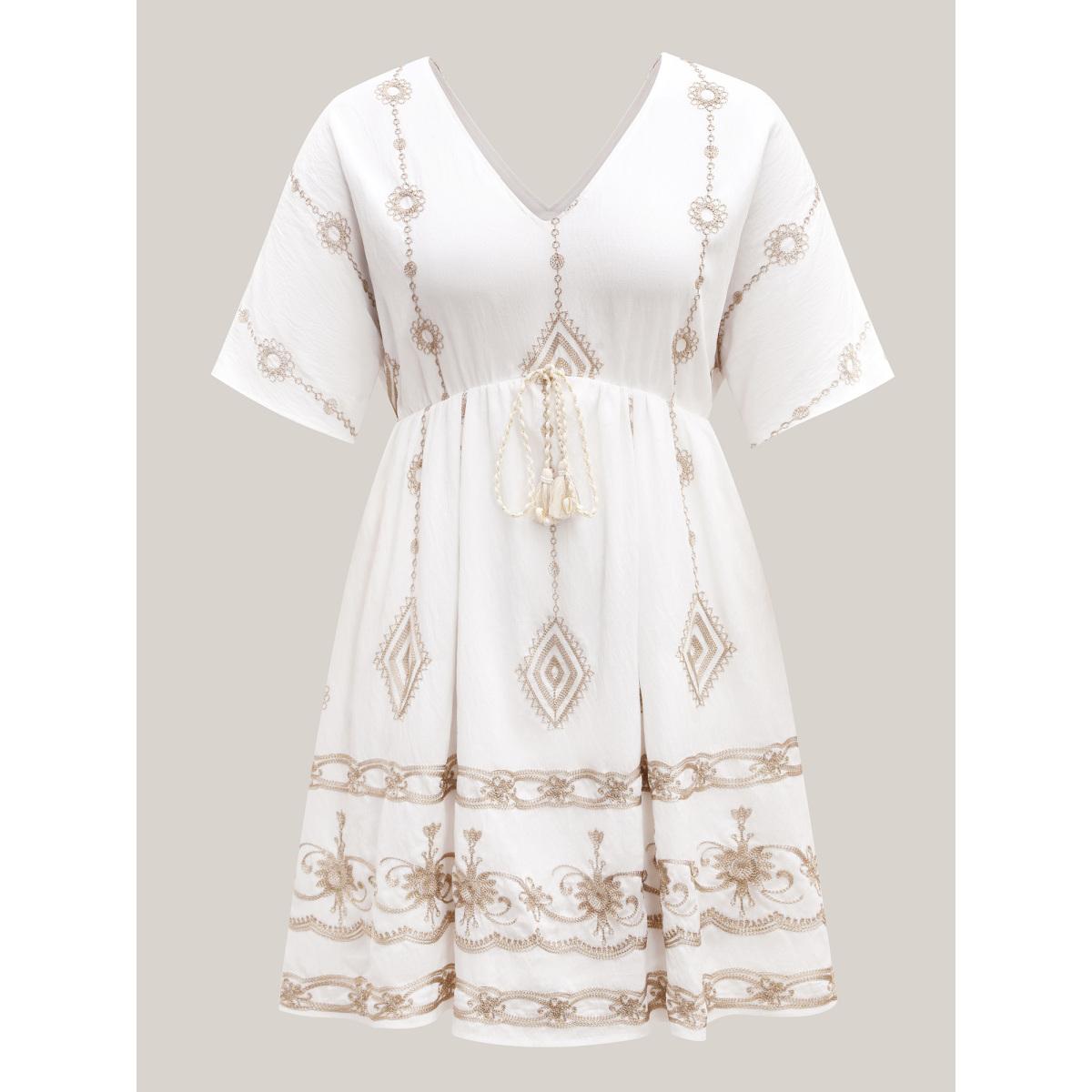 Plus Size Boho Embroidered Waist Tie Midi Dress Beige Women Boho V-neck Sleeveless Curvy BloomChic 22-24/3X Product Image