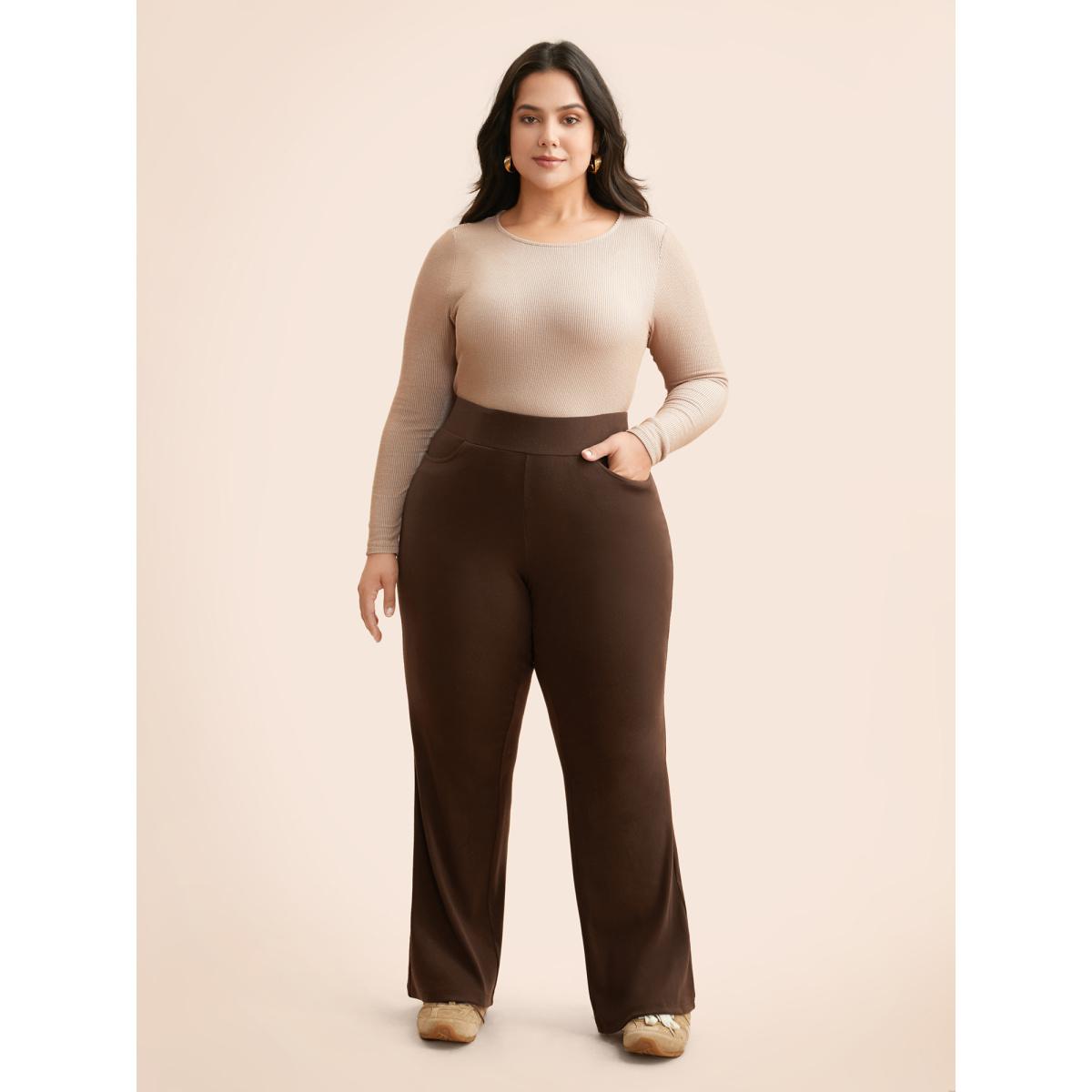 Plus Size Supersoft Essentials Flared Pants Women Browncoffeecolor Casual Medium stretch Bootcut Mid Rise Everyday Leggings BloomChic 26/4X Product Image