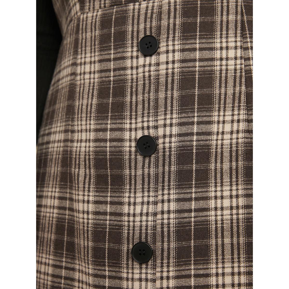 Plus Size Plaid Sleeveless Button Detail Dress Without Sweater DarkBrown Women Office Button V-neck Sleeveless Curvy Midi Dress BloomChic 26/4X Product Image