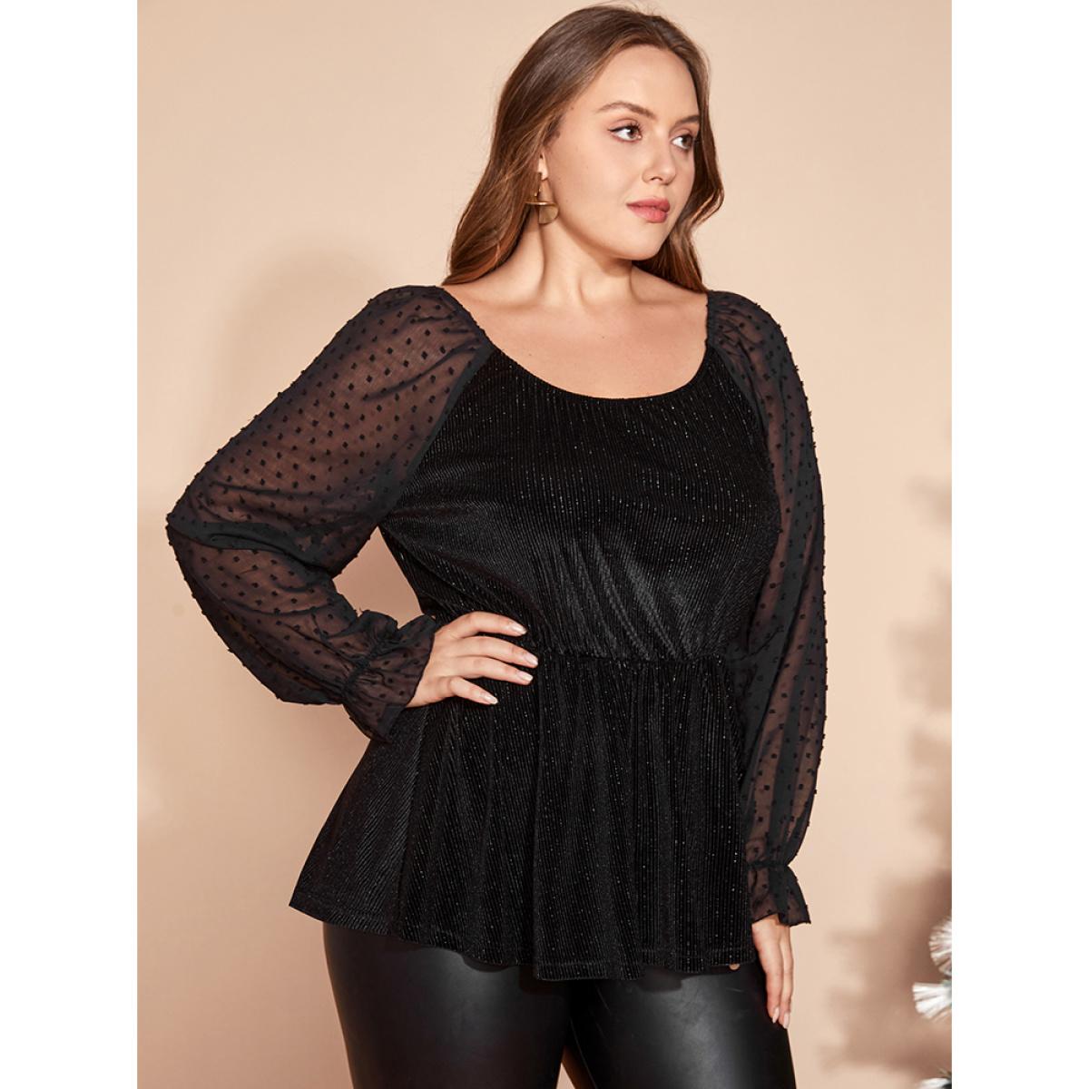 Plus Size Black Polka Dot Mesh Patchwork Textured Ruffle Hem Glitter Blouse Women Party Long Sleeve Scoop Neck Going out Blouses BloomChic 30/6X Product Image
