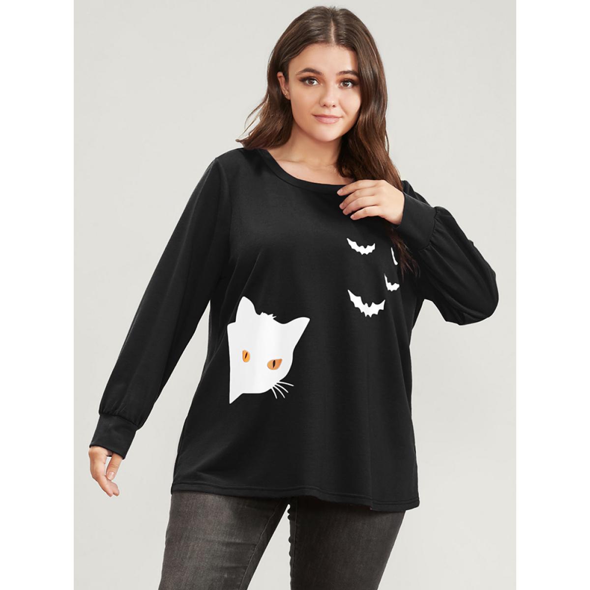 Plus Size Halloween Print Round Neck Drop Shoulder Sweatshirt Women Black Casual Printed V-neck Festival-Halloween Sweatshirts BloomChic 14-16/1X Product Image