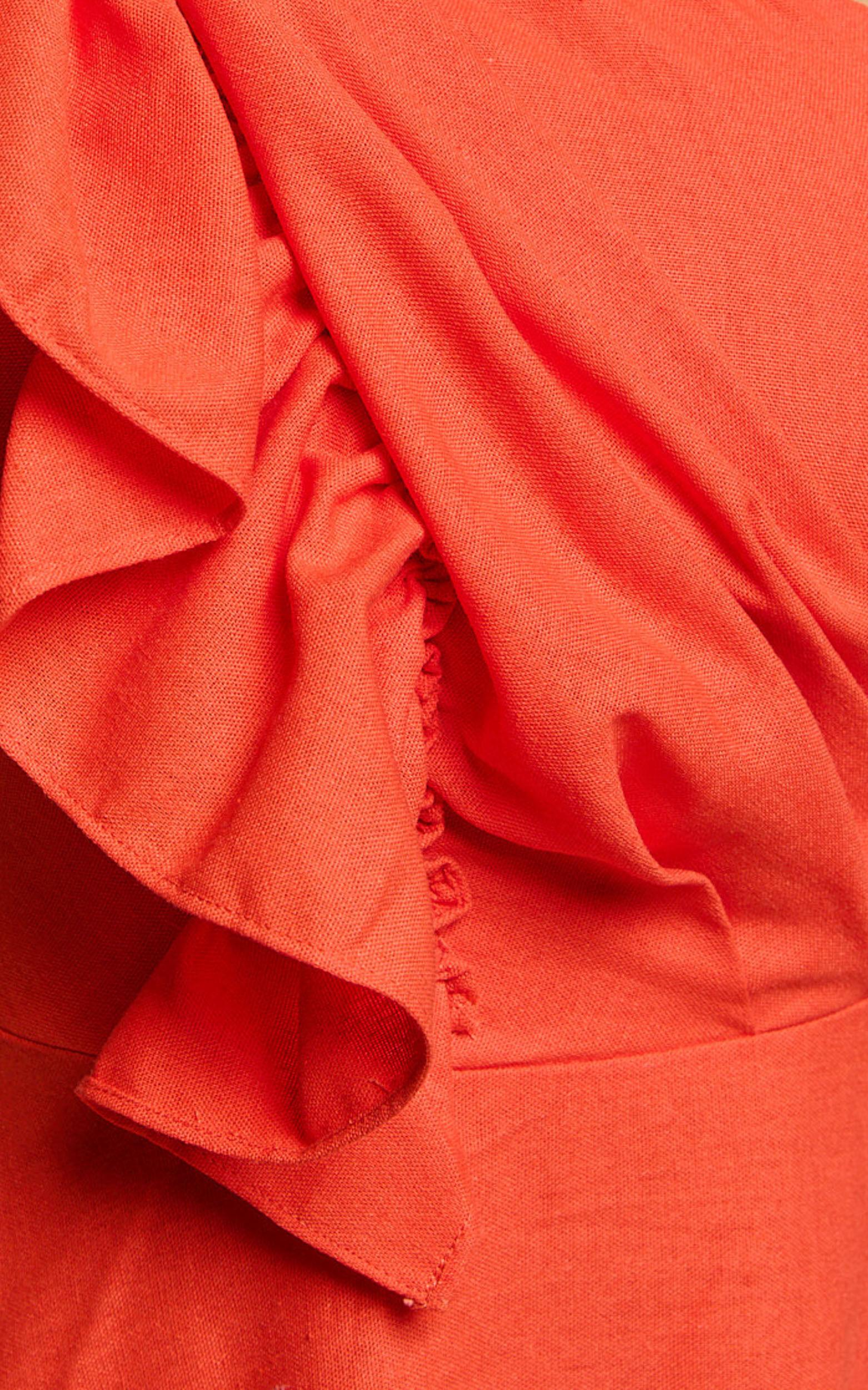Dixie Midi Dress - Linen Look One Shoulder Ruffle Dress in Red Orange Product Image