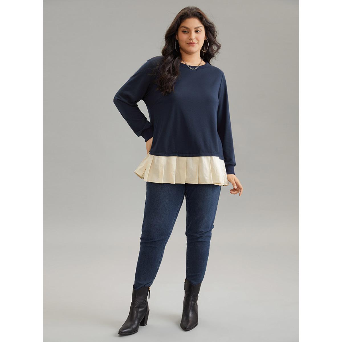 Plus Size 2-In-1 Two Tone Pleated Hem Sweatshirt Women Navy Casual Rib Knit Round Neck Dailywear Sweatshirts BloomChic 30/6X Product Image