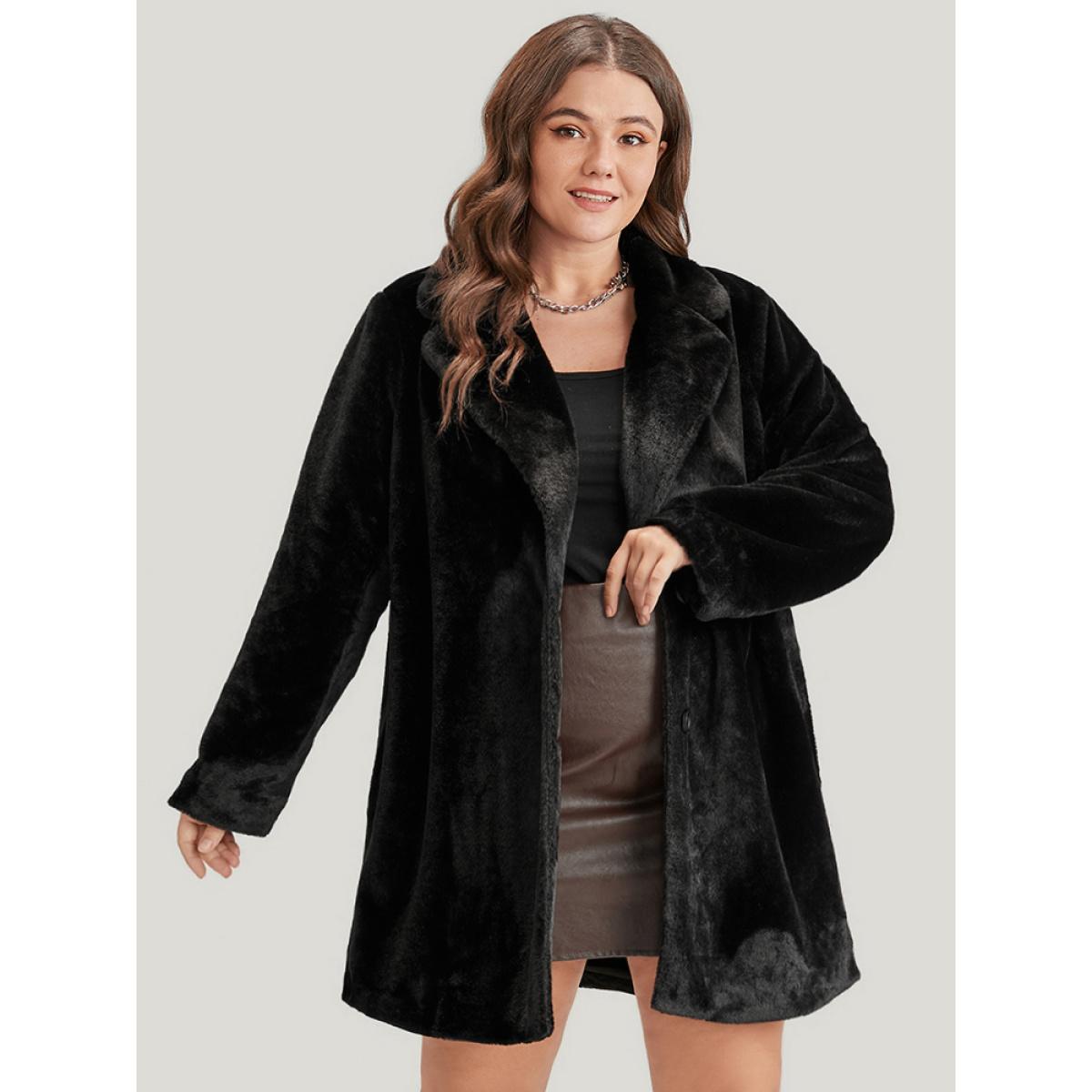 Plus Size Solid Pocket Faux Fur Button Front Coat Women Black Party Pocket Ladies Going out Winter Coats BloomChic 30/6X Product Image