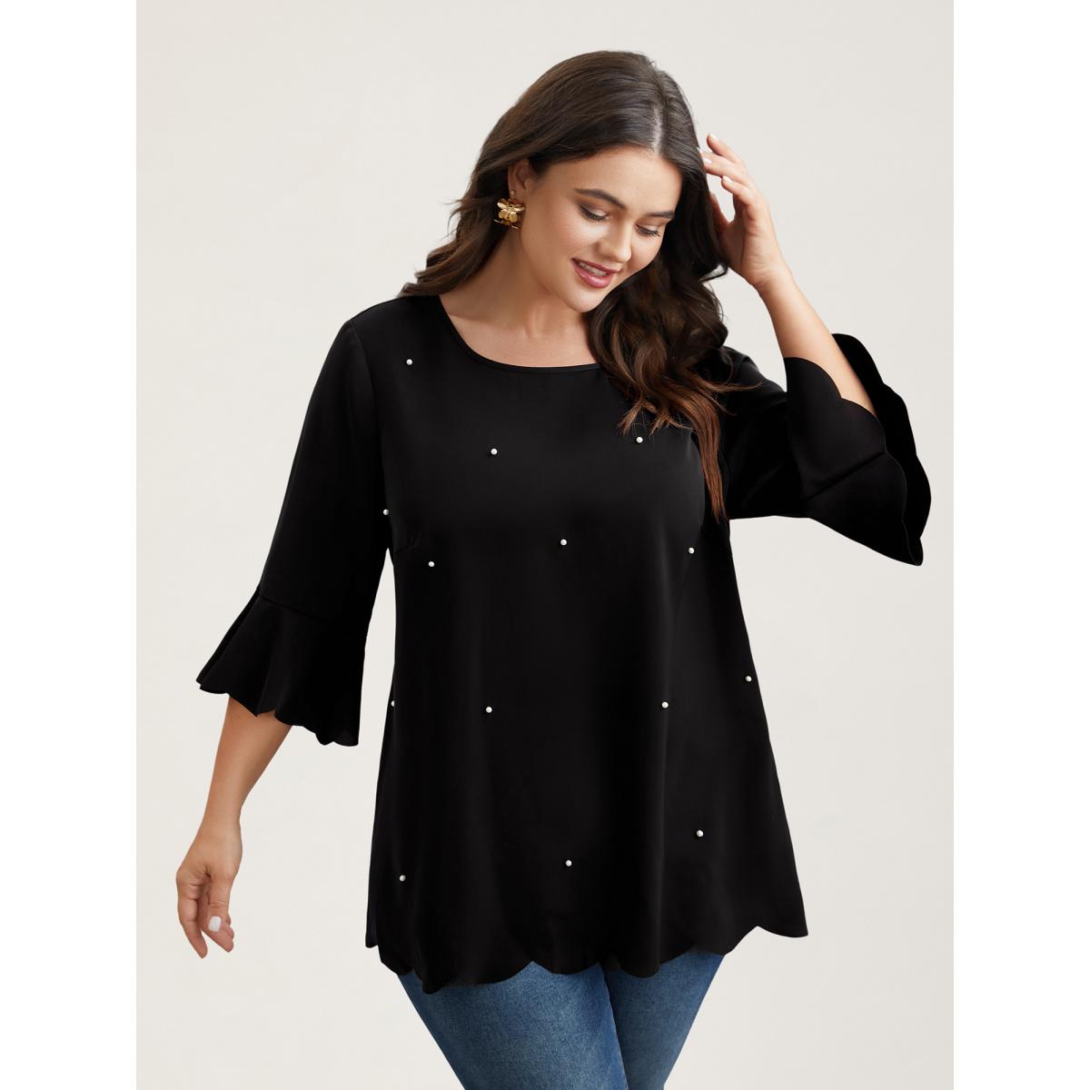 Plus Size Black Beads Embellished Scalloped Hem Shirt Women Elegant Elbow-length sleeve Round Neck Everyday Blouses BloomChic 12/L Product Image