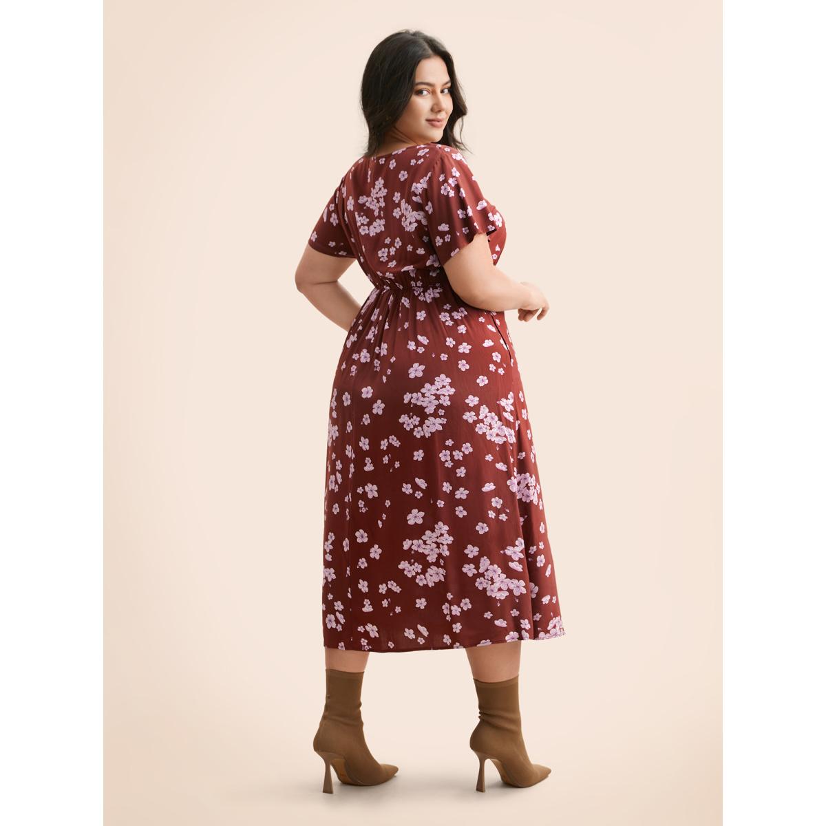 Plus Size Floral V Neck Gathered Midi Dress Burgundy Women Elegant Gathered V-neck Short sleeve Curvy BloomChic 28/5X Product Image