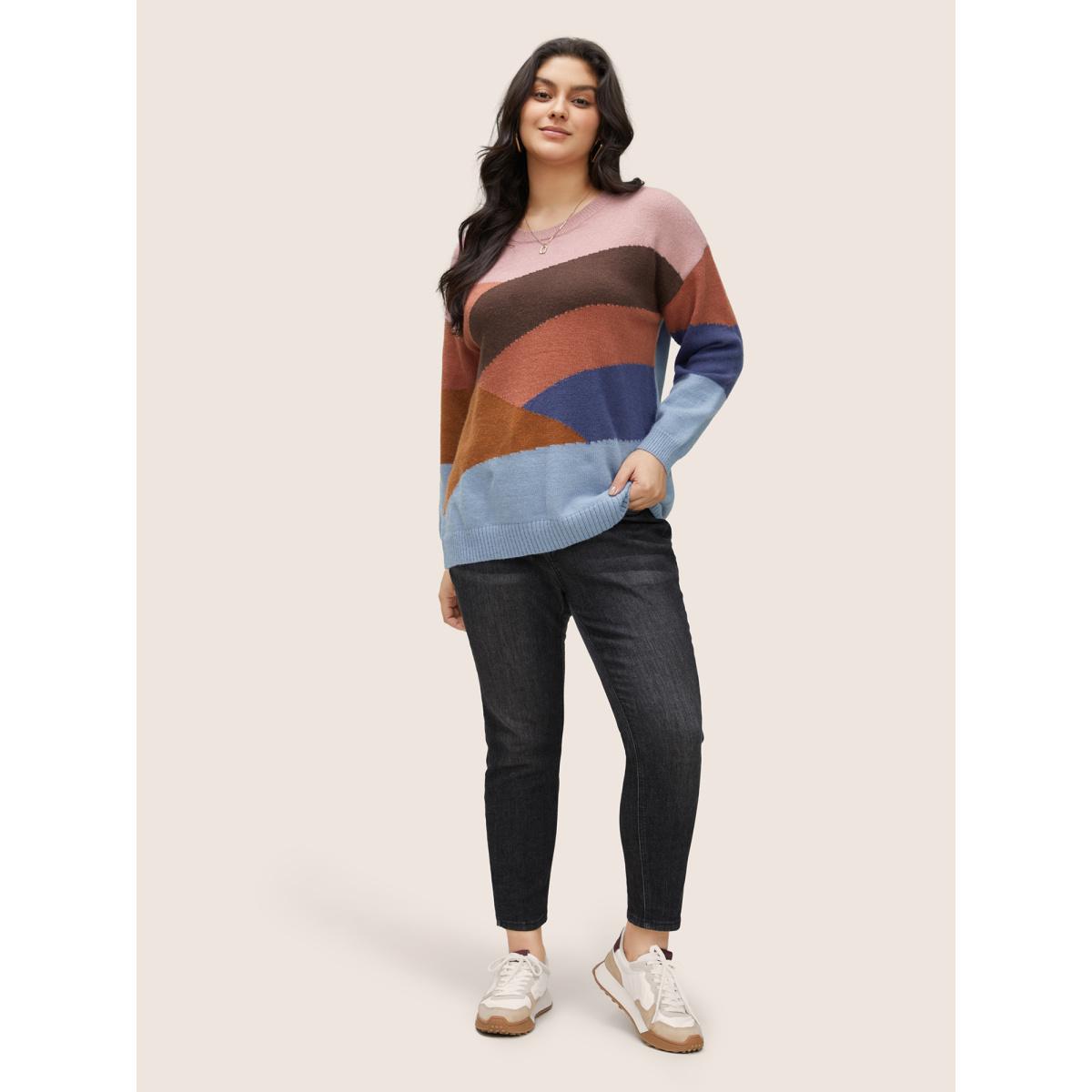 Plus Size Supersoft Essentials Colorblock Patchwork Pullover Multicolor Women Casual Long Sleeve Round Neck Everyday Pullovers BloomChic 26/4X Product Image