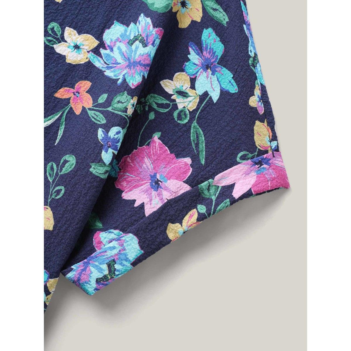 Plus Size Indigo Floral Affair Print Wrinkled Fabric Blouse Women Playful Short sleeve Round Neck Casual Blouses BloomChic 22-24/3X Product Image