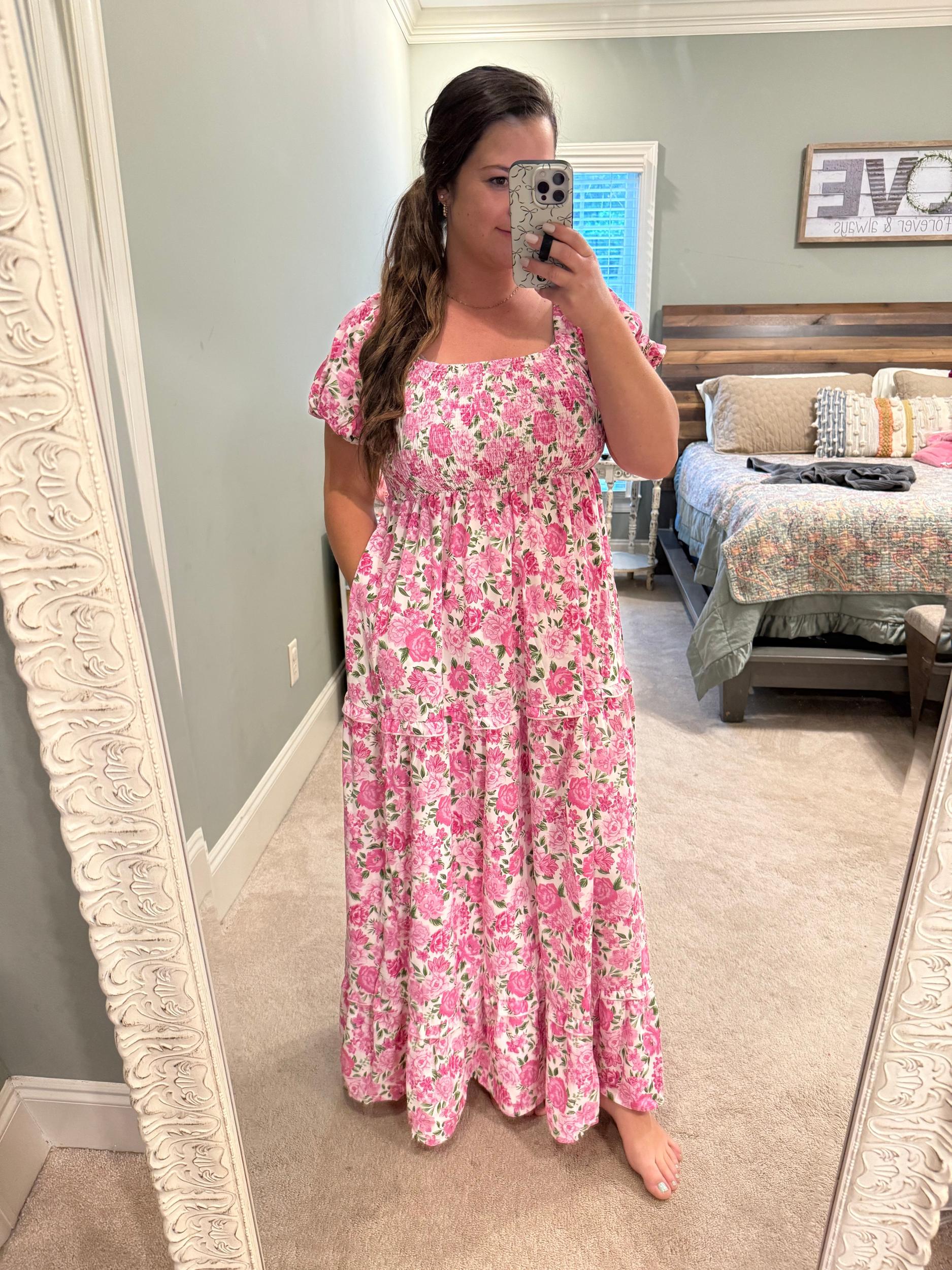 Smocked Floral Dress- Pink Product Image