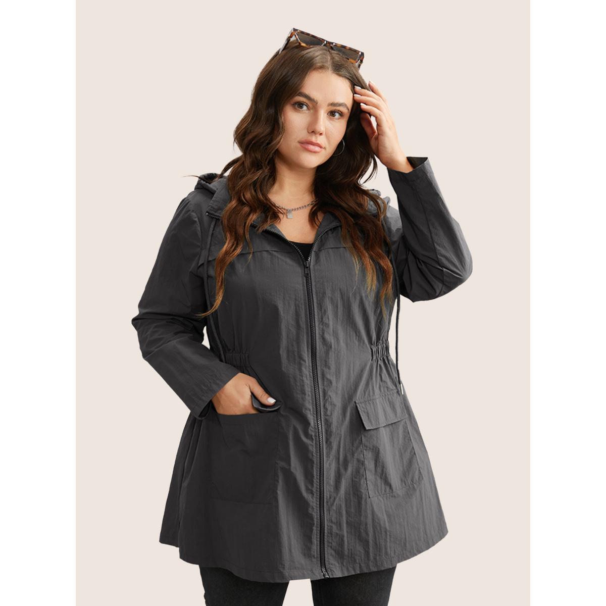 Plus Size Plain Hooded Drawstring Gathered Zipper Jacket Women DimGray Non Patch pocket Everyday Jackets BloomChic 10/M Product Image