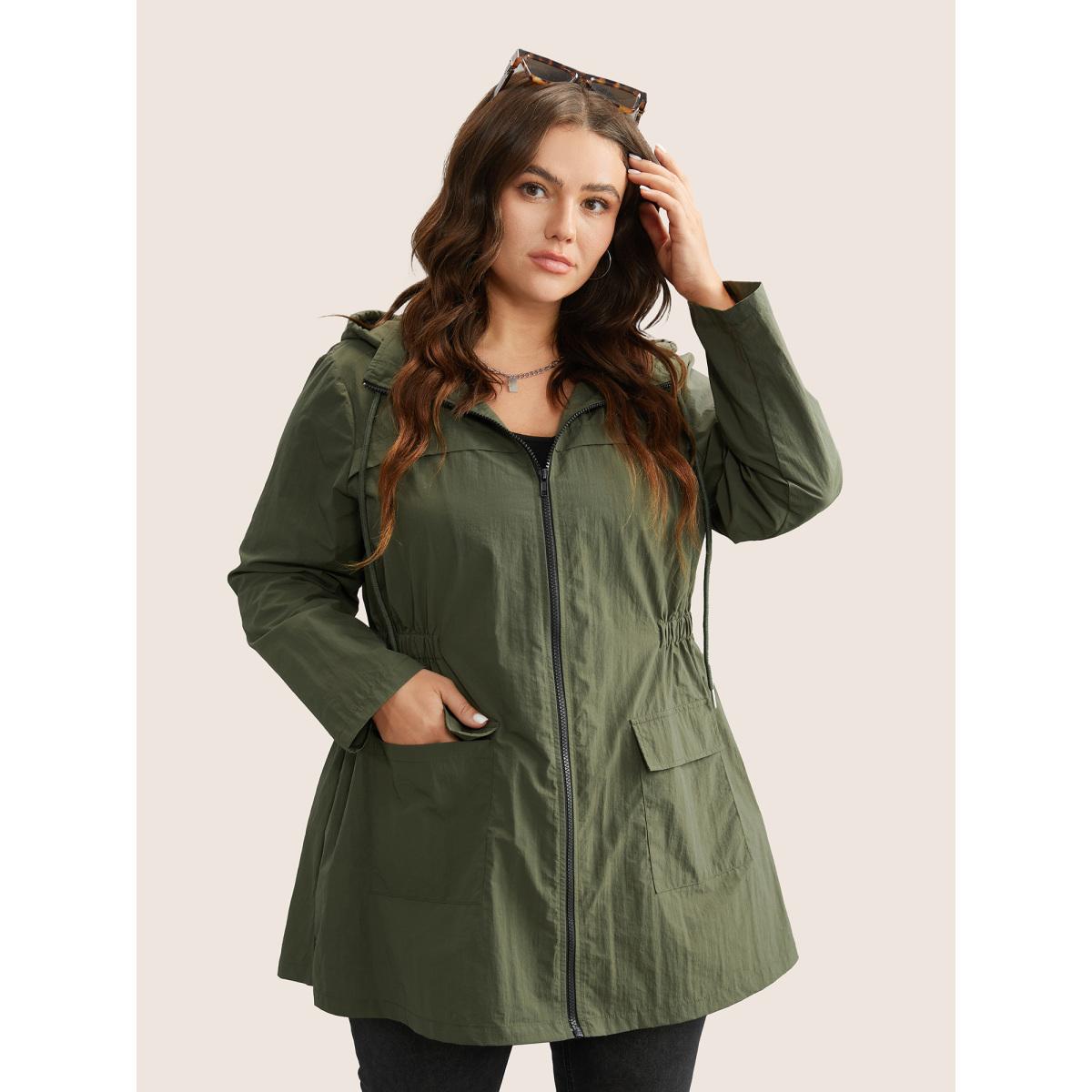 Plus Size Plain Hooded Drawstring Gathered Zipper Jacket Women ArmyGreen Non Patch pocket Everyday Jackets BloomChic 14-16/1X Product Image