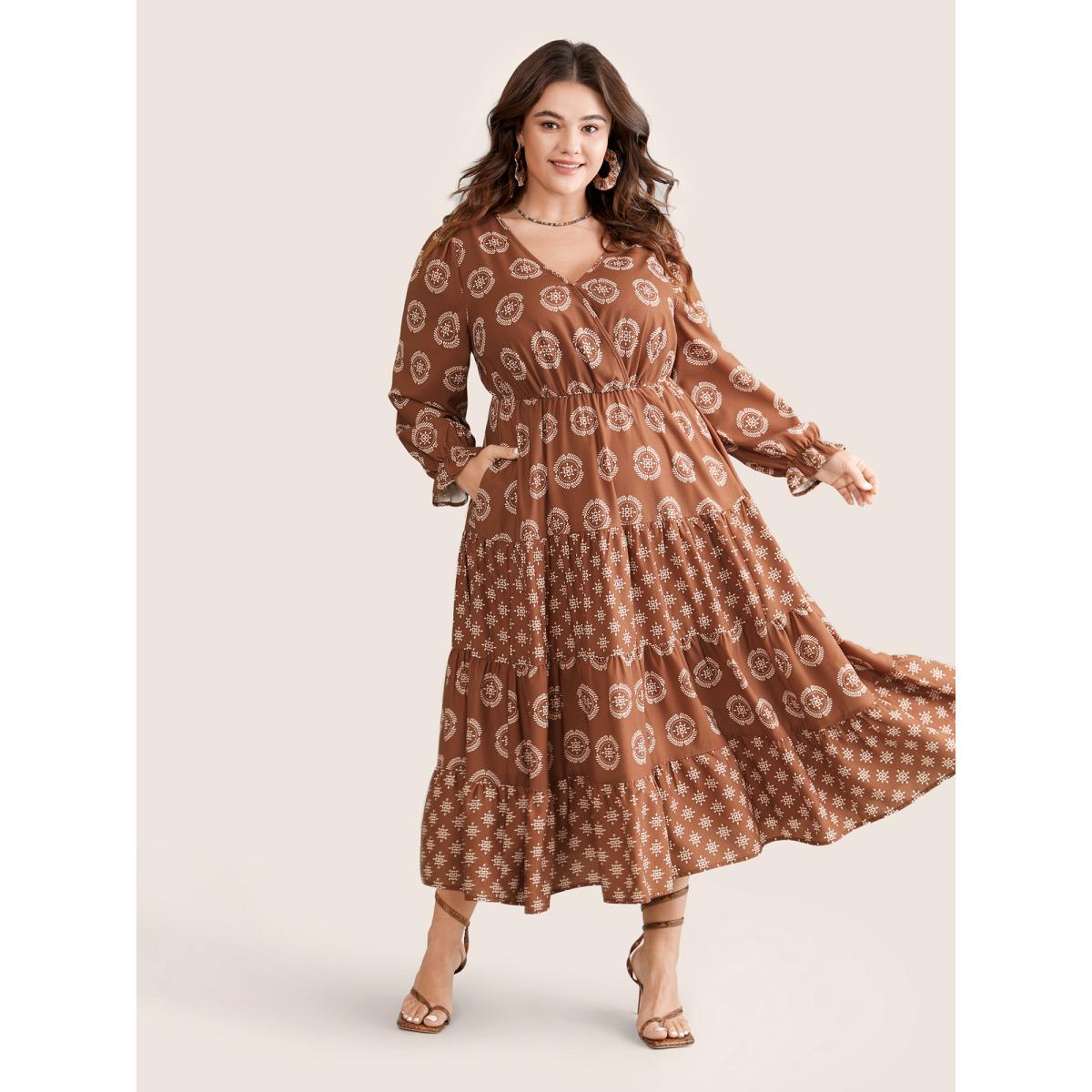Plus Size Geometric Wrap Ruffle Layered Hem Dress Chocolate Women Vacation Wrap Overlap Collar Long Sleeve Curvy Midi Dress BloomChic 18-20/2X Product Image