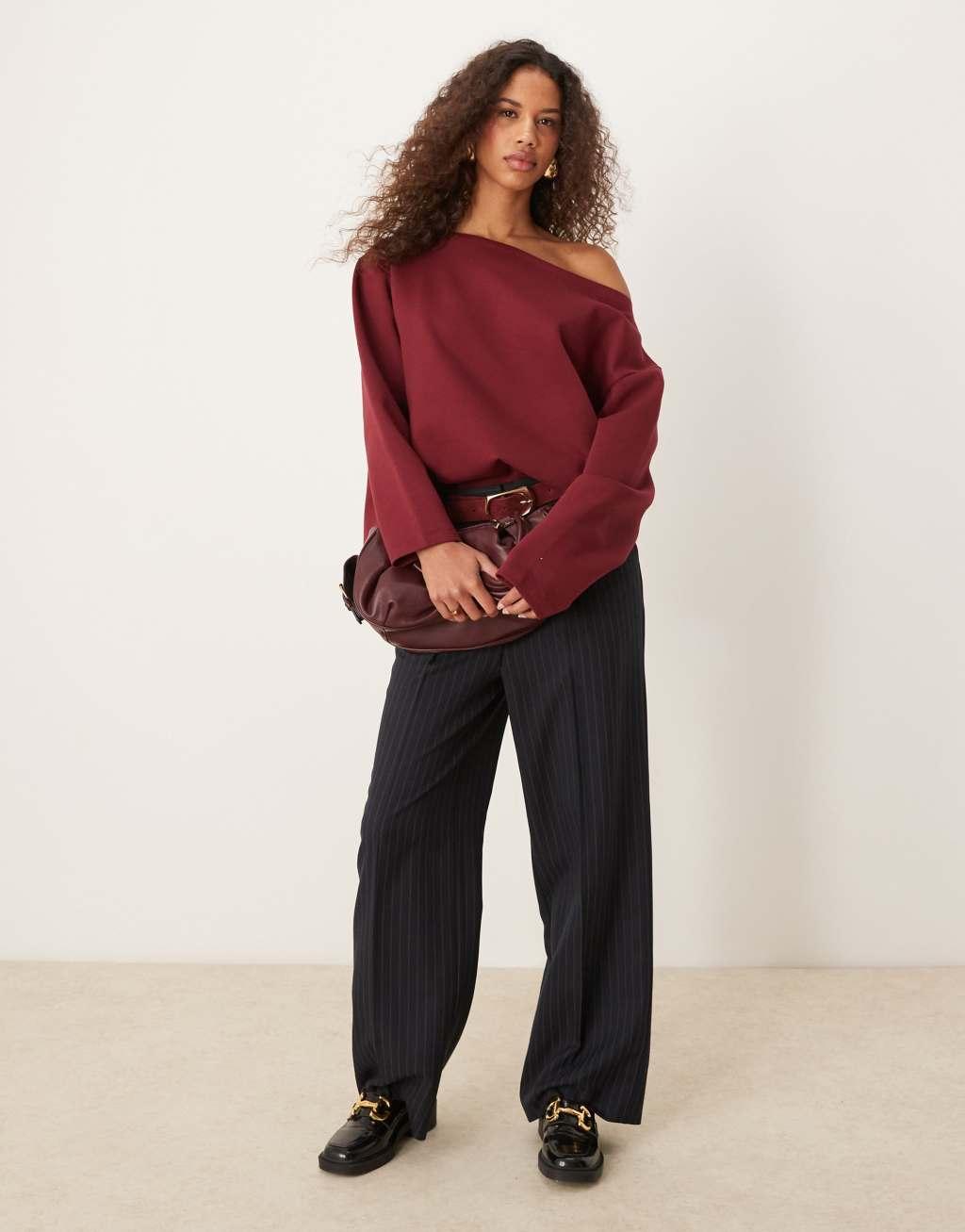 ASOS DESIGN oversized off shoulder interlock sweatshirt in burgundy Product Image