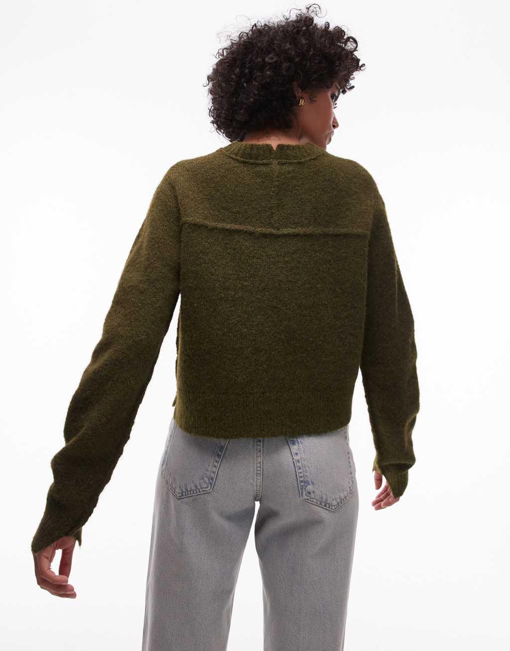 Topshop knitted crew with exposed seams sweater in khaki Product Image