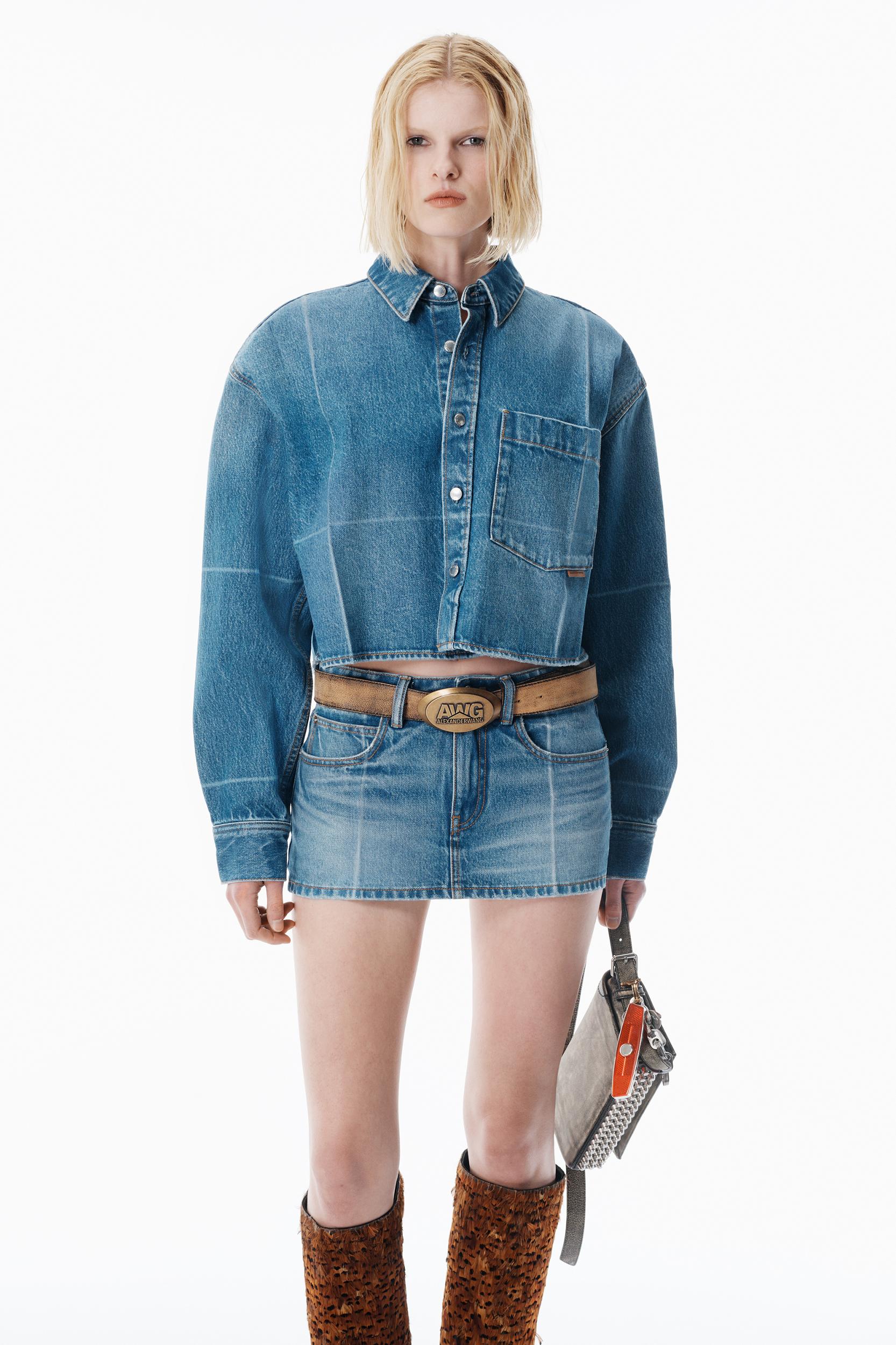 Vintage-effect Marbled Blue Denim Cropped Shirt Product Image