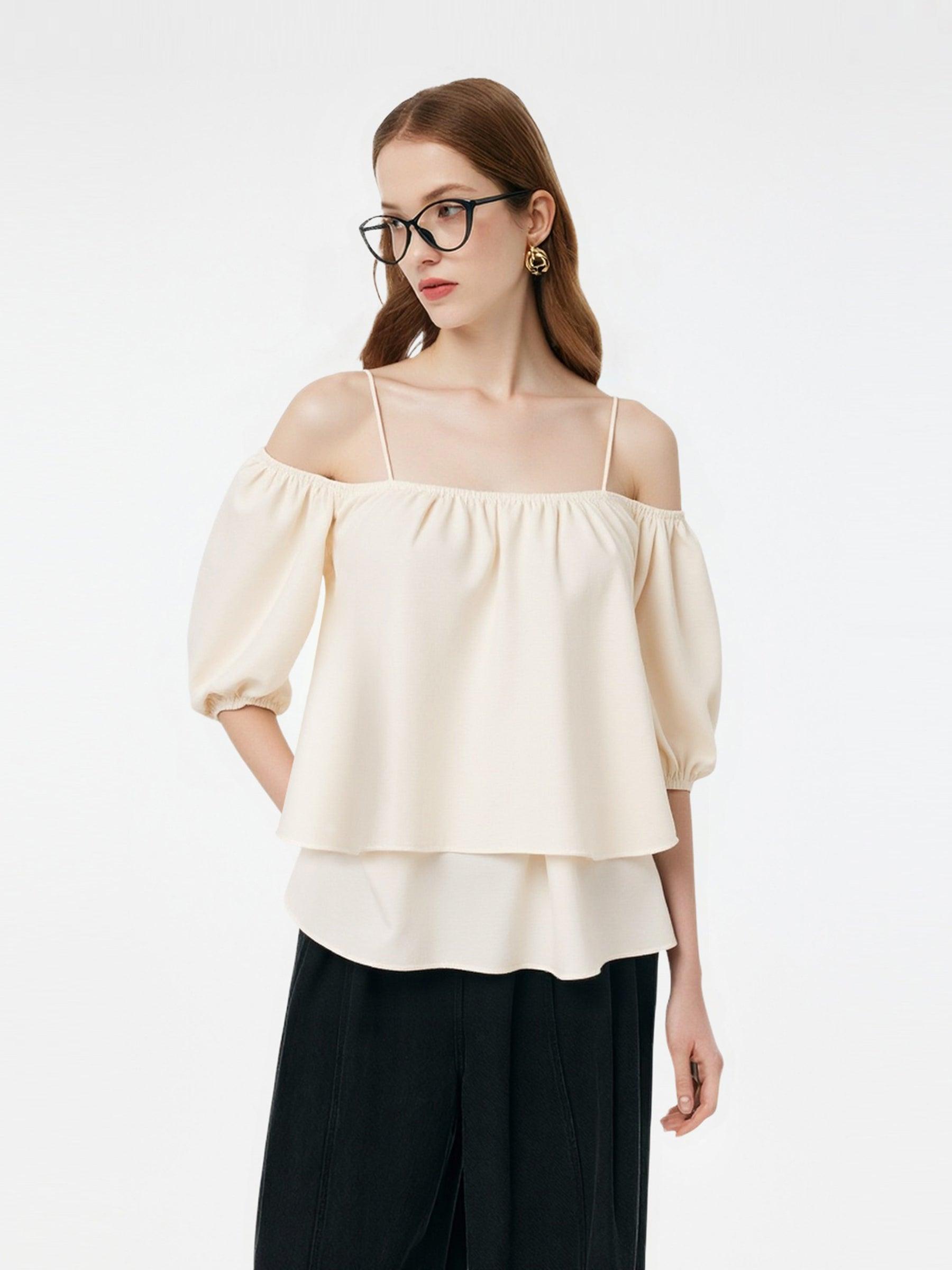 Acetate Blend Convertible Neckline Women Ruffle Hem Top Product Image
