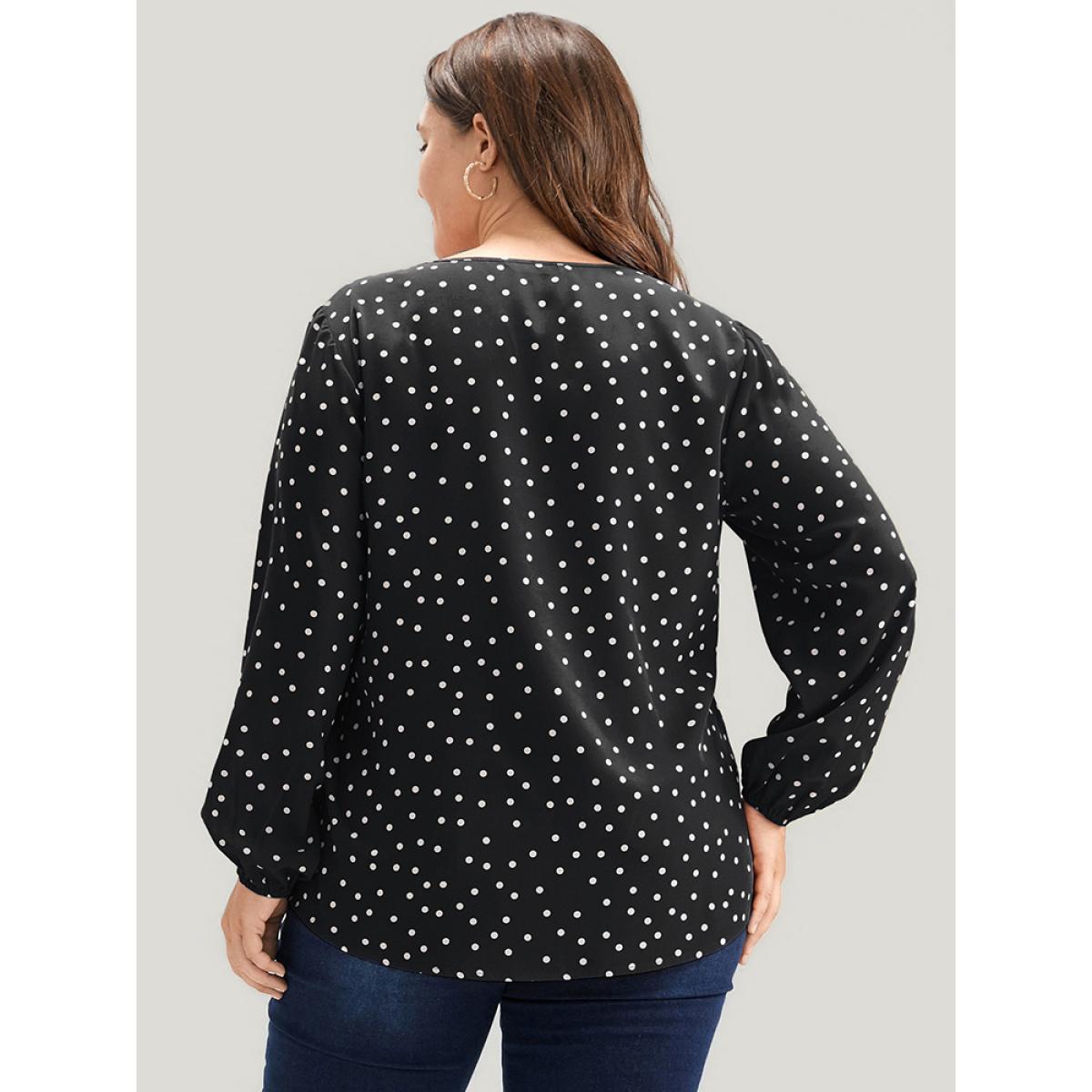 Plus Size Black Polka Dot Lantern Sleeve Notched Blouse Women Elegant Long Sleeve V-neck Dailywear Blouses BloomChic 18-20/2X Product Image