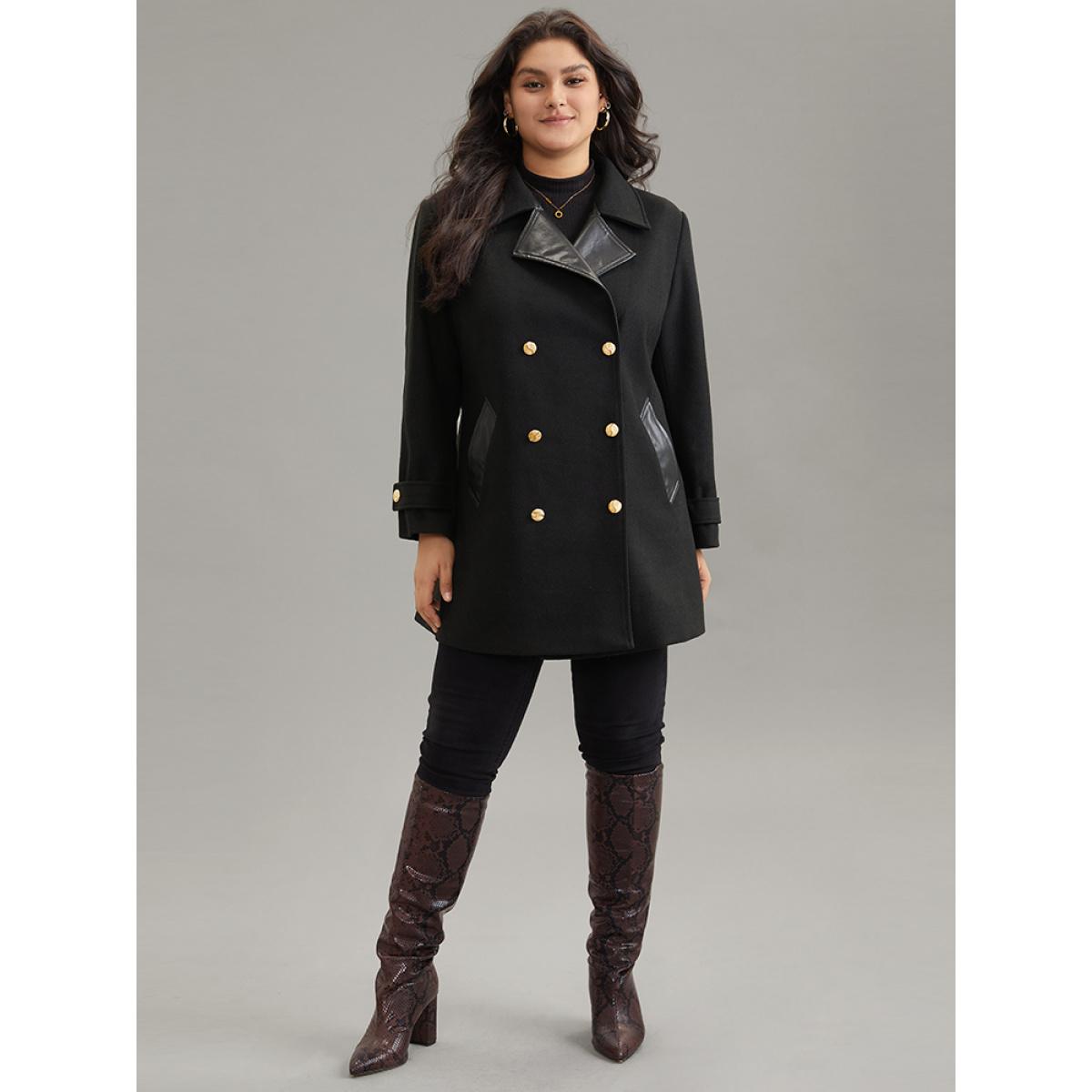 Plus Size PU Patchwork Pocket Double Breasted Jacket Women Black Lined Pocket Dailywear Jackets BloomChic 10/M Product Image