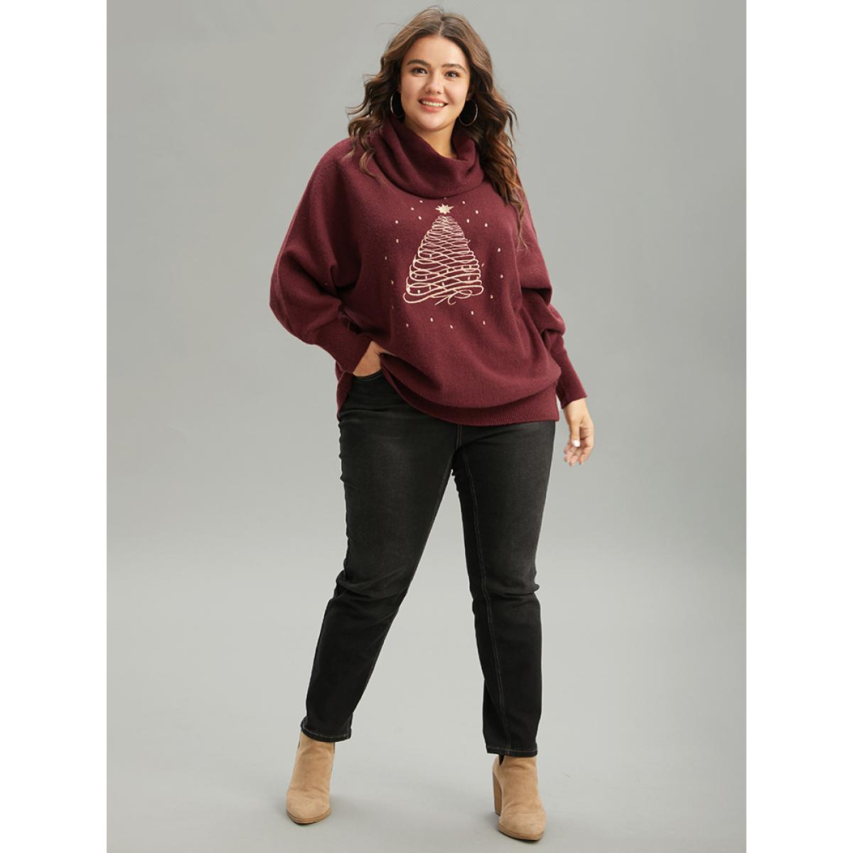 Plus Size Anti-Pilling Christmas Embroidered Turtle Neck Pullover Burgundy Women Casual Loose Long Sleeve Turtleneck Festival-Christmas Pullovers BloomChic 18-20/2X Product Image