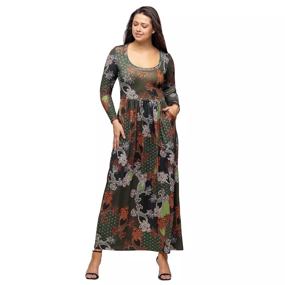 Women's 24Seven Comfort Apparel Printed Long Sleeve Empire Waist Pocket Maxi Dress,  Product Image
