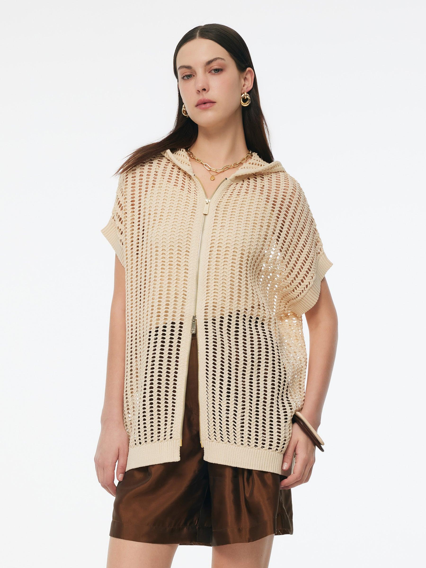 Sequins Stretch Zip-Up Women Openwork Hooded Cardigan Product Image