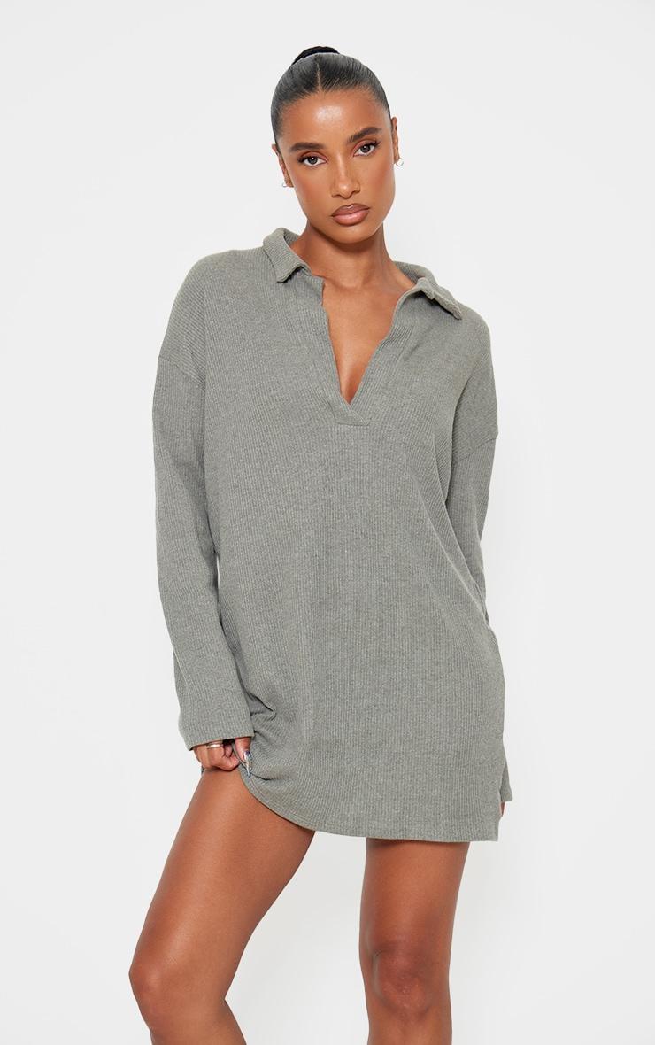 Sage Khaki Rib V Neck Oversized Sweater Dress Product Image