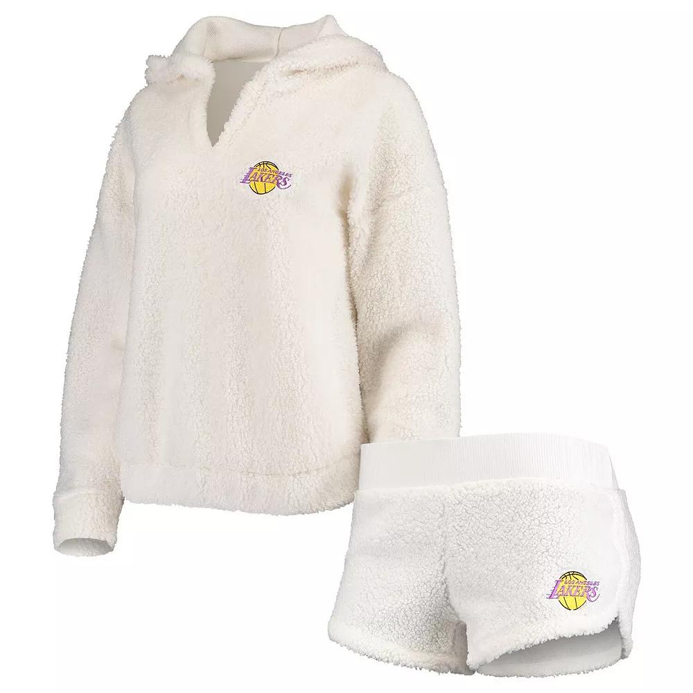 Women's Concepts Sport Cream Los Angeles Lakers Fluffy Long Sleeve Hoodie Top & Shorts Sleep Set,  Product Image