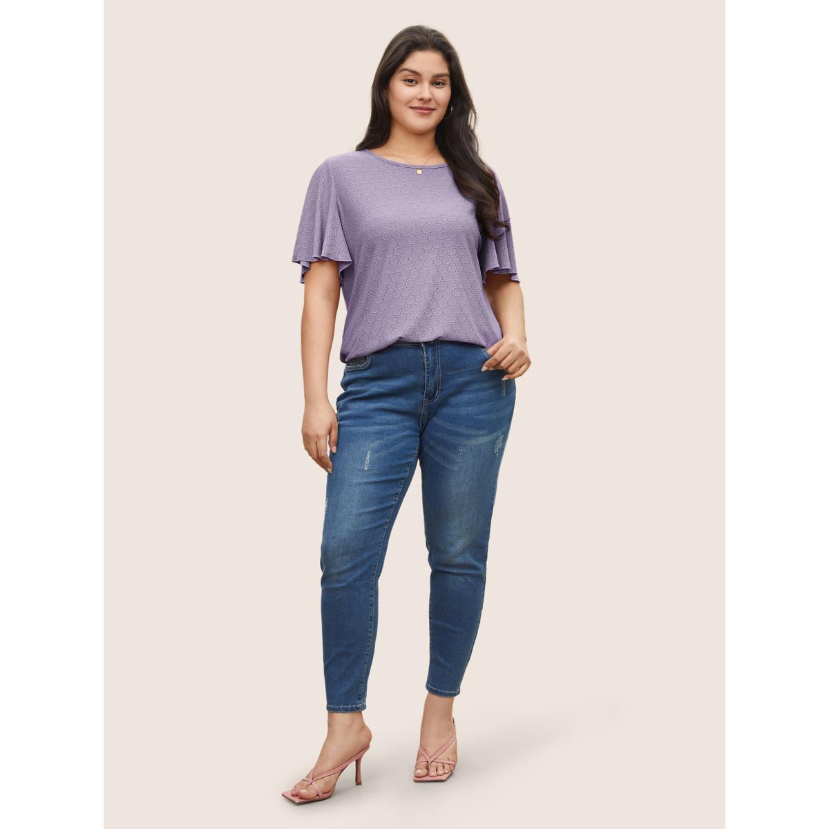 Plus Size Plain Textured Geometric Flutter Sleeve T-shirt Lavender Women Elegant Texture Plain Round Neck Everyday T-shirts BloomChic 12/L Product Image
