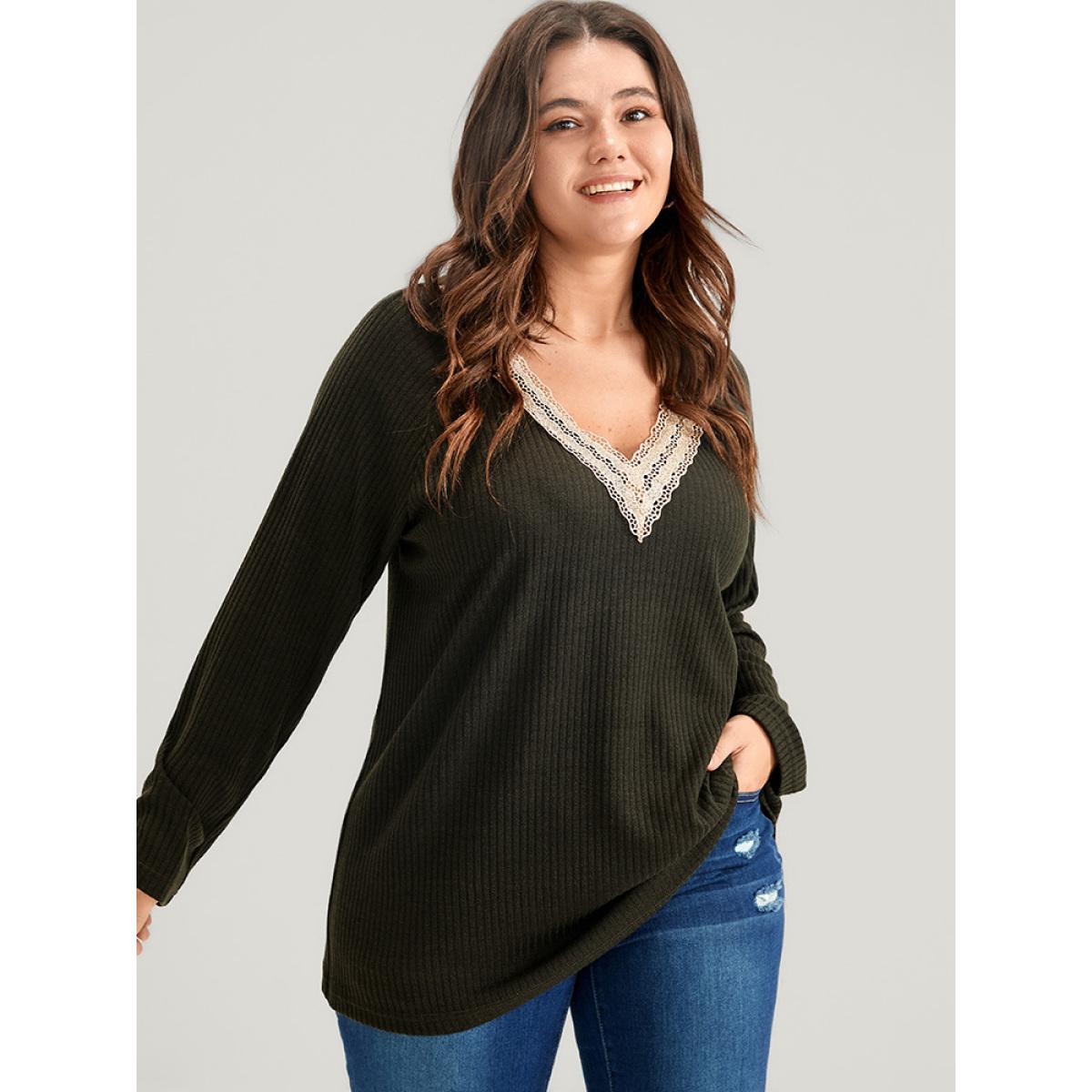Plus Size Solid Contrast Lace V Neck Rib Knit Long Tee ArmyGreen Women Elegant Plain Plain V-neck Dailywear T-shirts BloomChic 26/4X Product Image