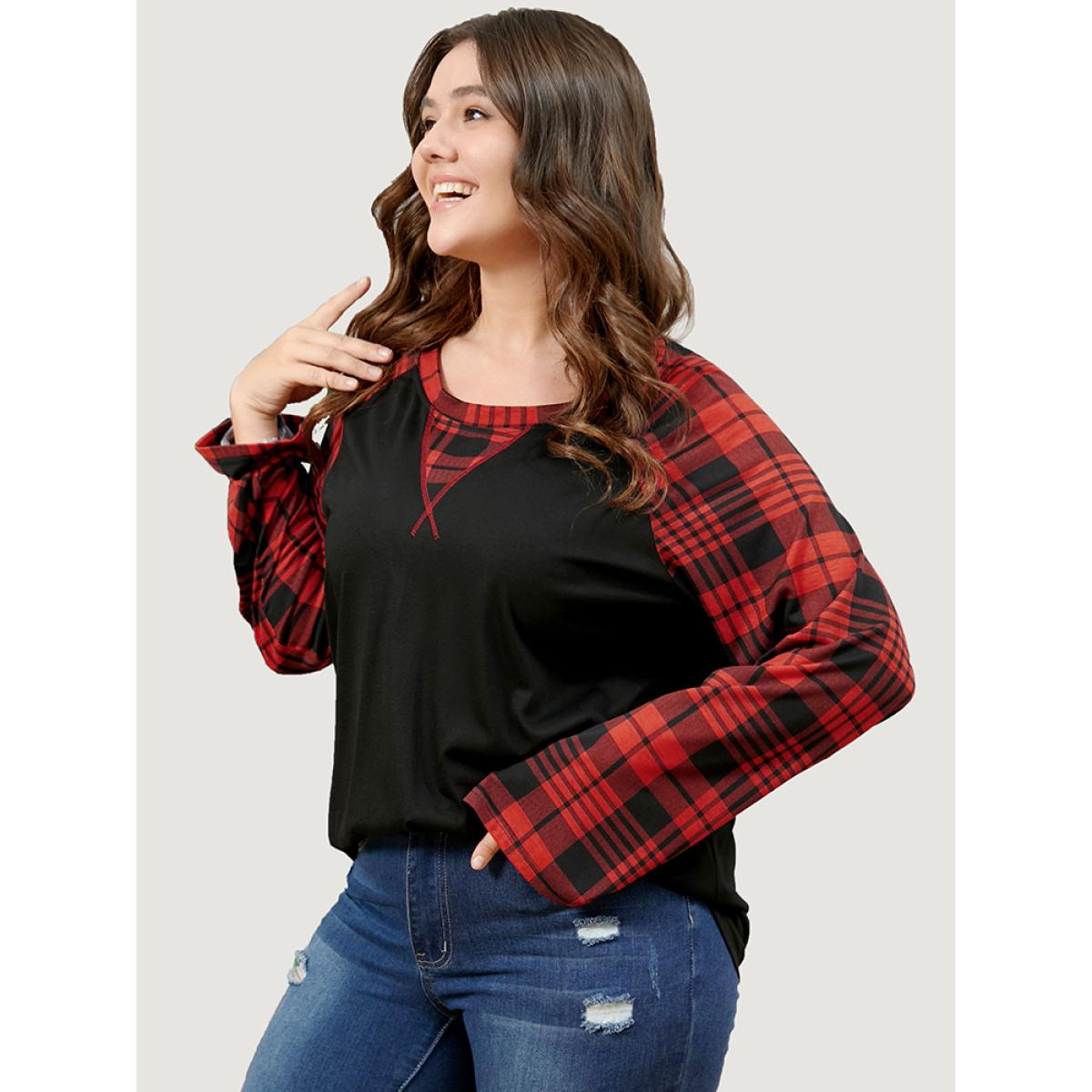 Plus Size Plaid Patchwork Bell Sleeve Long Tee Black Women Casual Contrast Plaid Round Neck Dailywear T-shirts BloomChic 26/4X Product Image