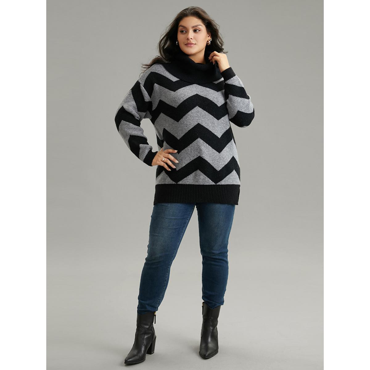 Plus Size Geo Striped Turtle Neck Drop Shoulder Pullover Black Women Casual Loose Long Sleeve Turtleneck Dailywear Pullovers BloomChic 18-20/2X Product Image
