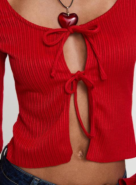 Rowynne Long Sleeve Tie Up Top Red Product Image
