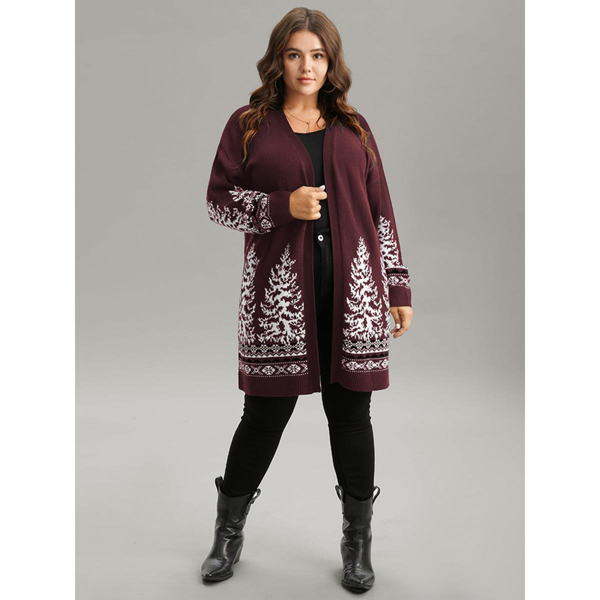 Plus Size Christmas Trees Contrast Cardigan Scarlet Women Casual Loose Long Sleeve Festival-Christmas Cardigans BloomChic 12/L Product Image
