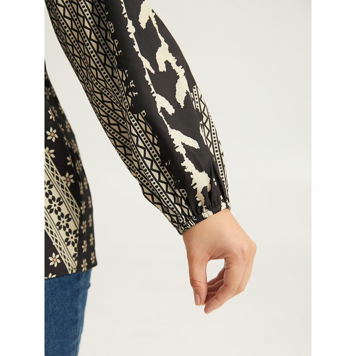 Plus Size Black Boho Print Lantern Sleeve Notched Blouse Women Vacation Long Sleeve Notched collar Dailywear Blouses BloomChic 18-20/2X Product Image