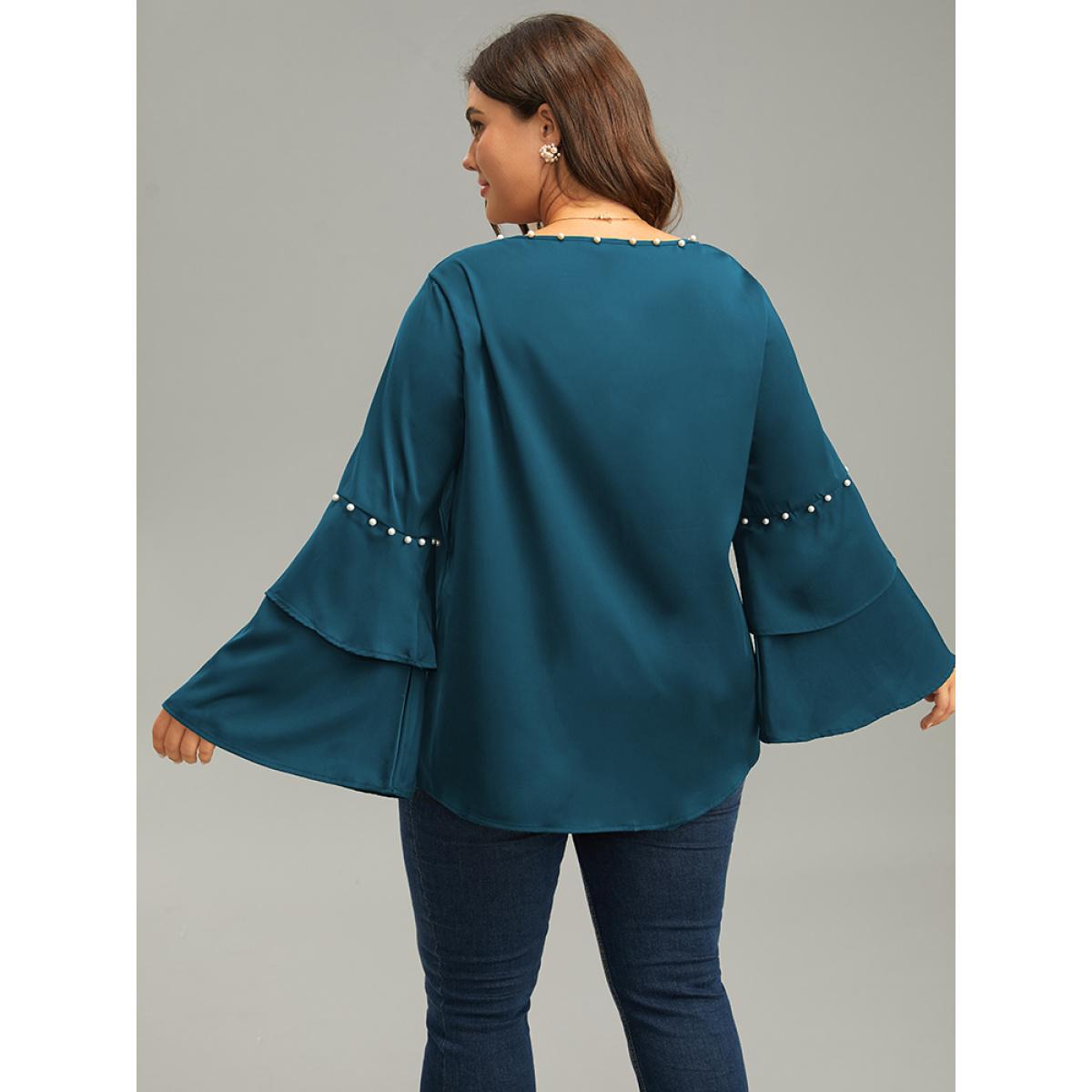 Plus Size Cyan Anti-Wrinkle Pearl Beaded Ruffle Layered Sleeve Blouse Women Glamour Long Sleeve Round Neck Going out Blouses BloomChic 28/5X Product Image