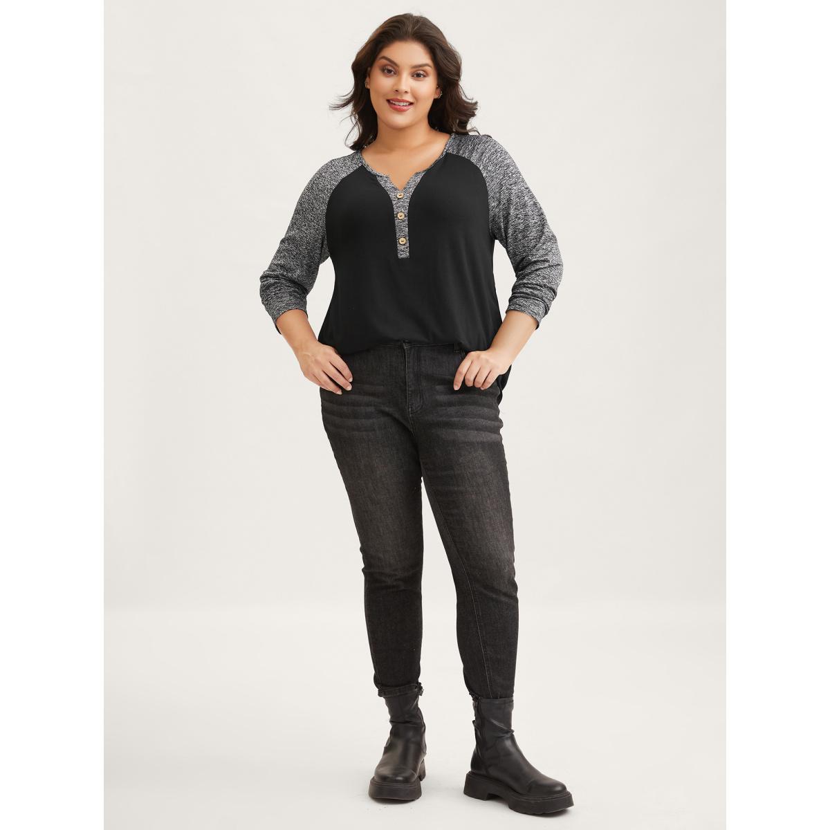 Plus Size Heather Patchwork Button Detail Stretchy T-Shirt Black Women Casual Contrast Flat collar with V-notch Everyday T-shirts BloomChic 22-24/3X Product Image