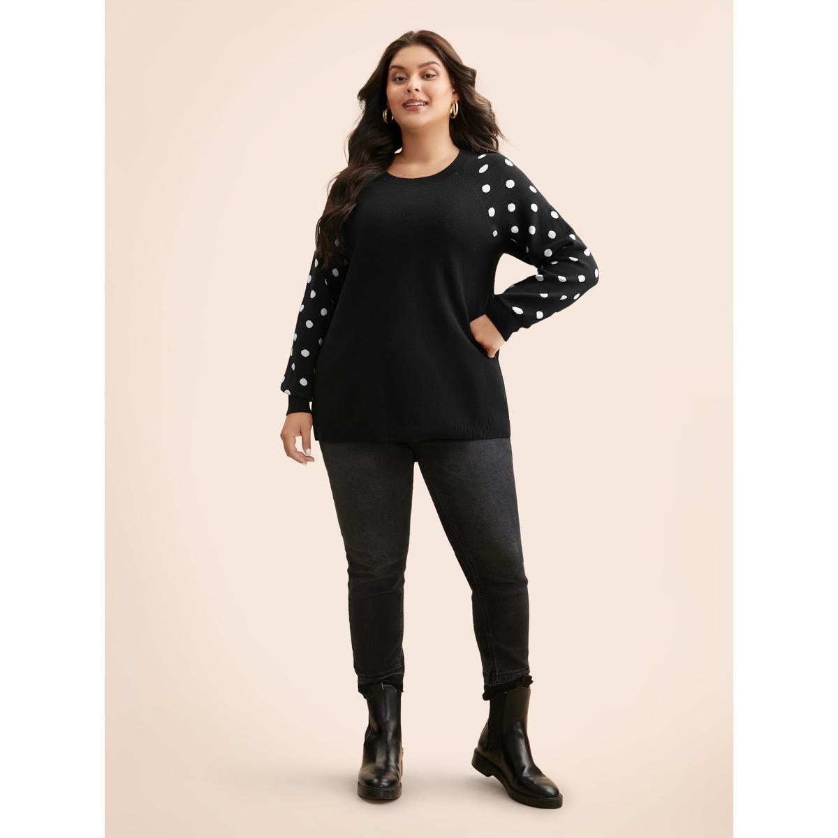 Plus Size Polka Dot Crew Neck Raglan Sleeve Pullover Black Women Casual Loose Long Sleeve Round Neck Everyday Pullovers BloomChic 18-20/2X Product Image