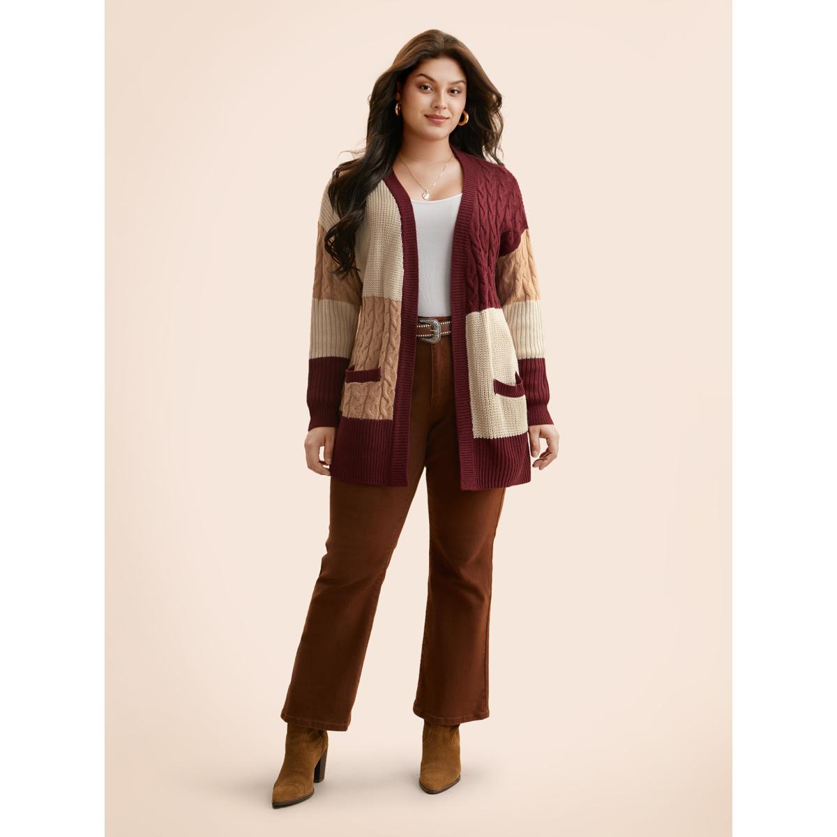 Plus Size Colorblock Contrast Cable Knit Pocket Cardigan Maroon Women Casual Loose Long Sleeve Everyday Cardigans BloomChic 28/5X Product Image
