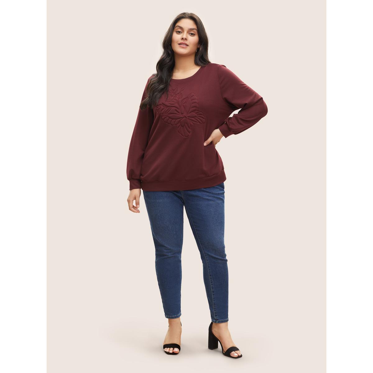 Plus Size Butterfly & Floral Embroidered Crew Neck Sweatshirt Women Burgundy Casual Non Round Neck Everyday Sweatshirts BloomChic 26/4X Product Image