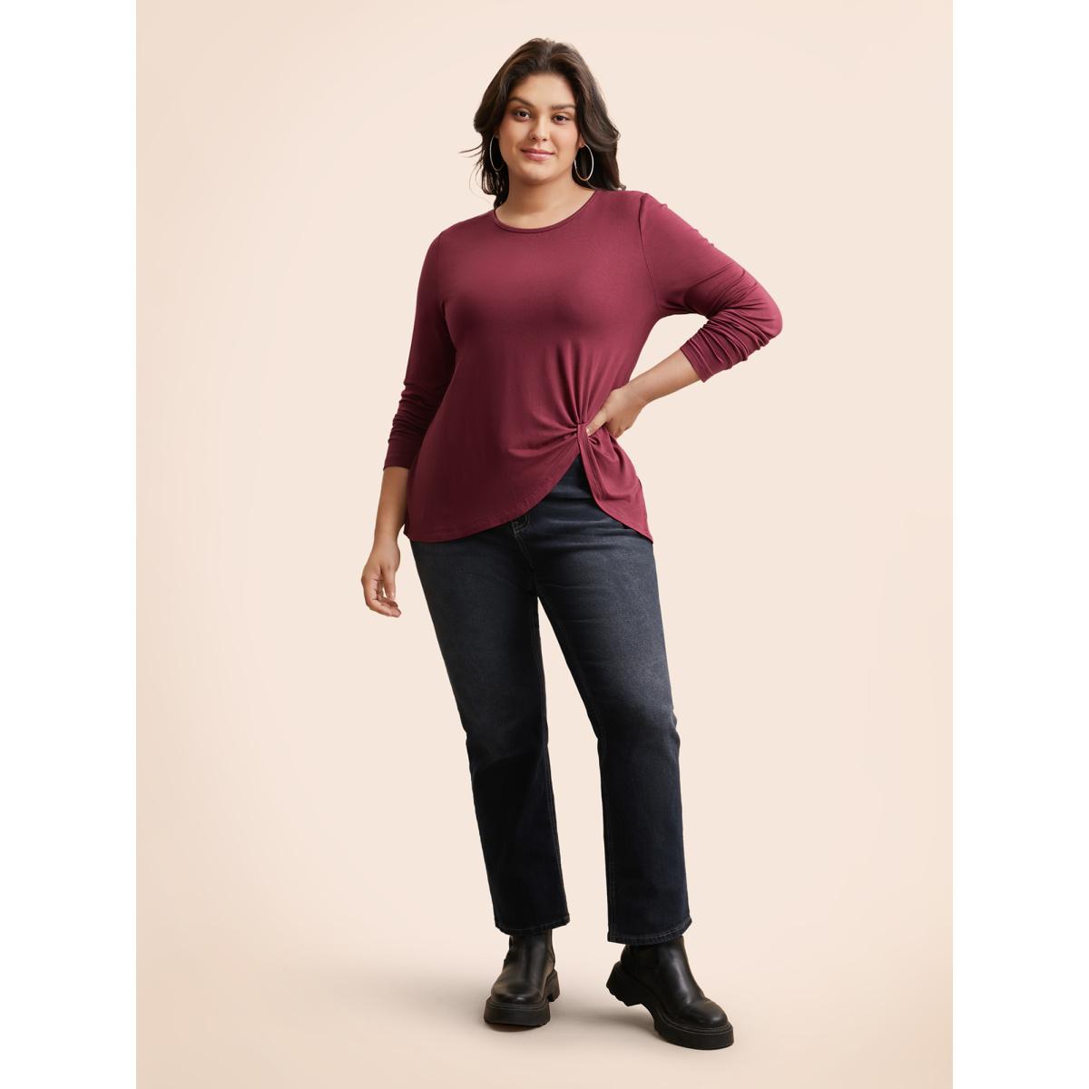 Plus Size Supersoft Essentials Solid Twist Front T-shirt Plum Women Casual Twist Round Neck Bodycon Everyday T-shirts BloomChic 26/4X Product Image