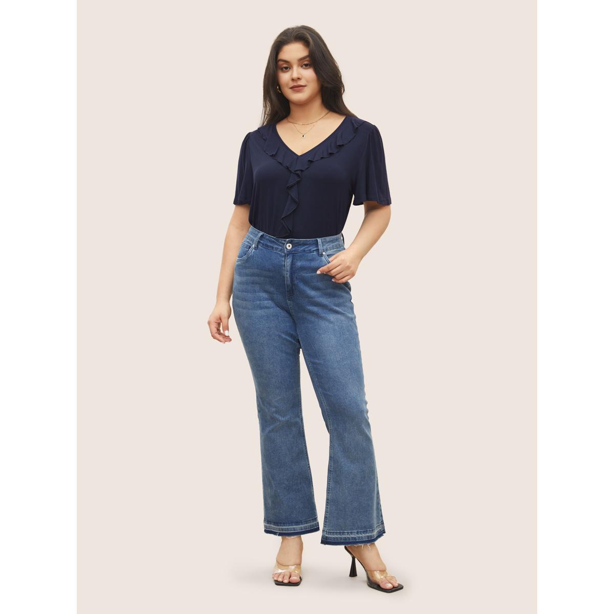 Plus Size Supersoft Essentials Solid Ruffle Trim T-shirt Indigo Women Elegant Non Plain V-neck Everyday T-shirts BloomChic 18-20/2X Product Image