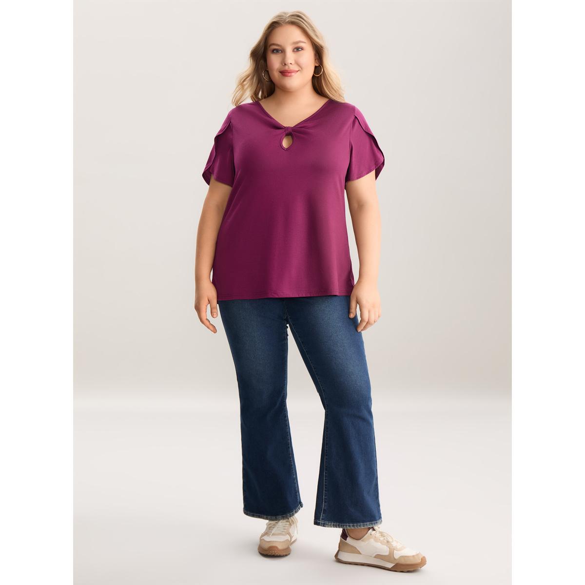 Plus Size Petal Sleeve Keyhole Plain T-Shirt RedViolet Women Petal edge V-neck Everyday-Casual T-shirts BloomChic 18-20/2X Product Image