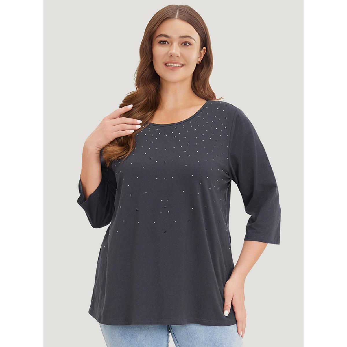Plus Size Solid Rhinestone Detail Crew Neck T-shirt Indigo Women Elegant Plain Round Neck Dailywear T-shirts BloomChic 22-24/3X Product Image