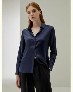 LILYSILK Business Blue Silk Shirt | Plain Long Sleeves Style | Silk for Women Navy Free of Harmful Chemicals Regular L Product Image