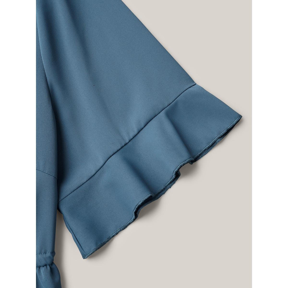 Plus Size Cerulean Ruffled Edge Sleeve Waist-Tie Shirt Women Casual Half Sleeve Round Neck Everyday Blouses BloomChic 28/5X Product Image