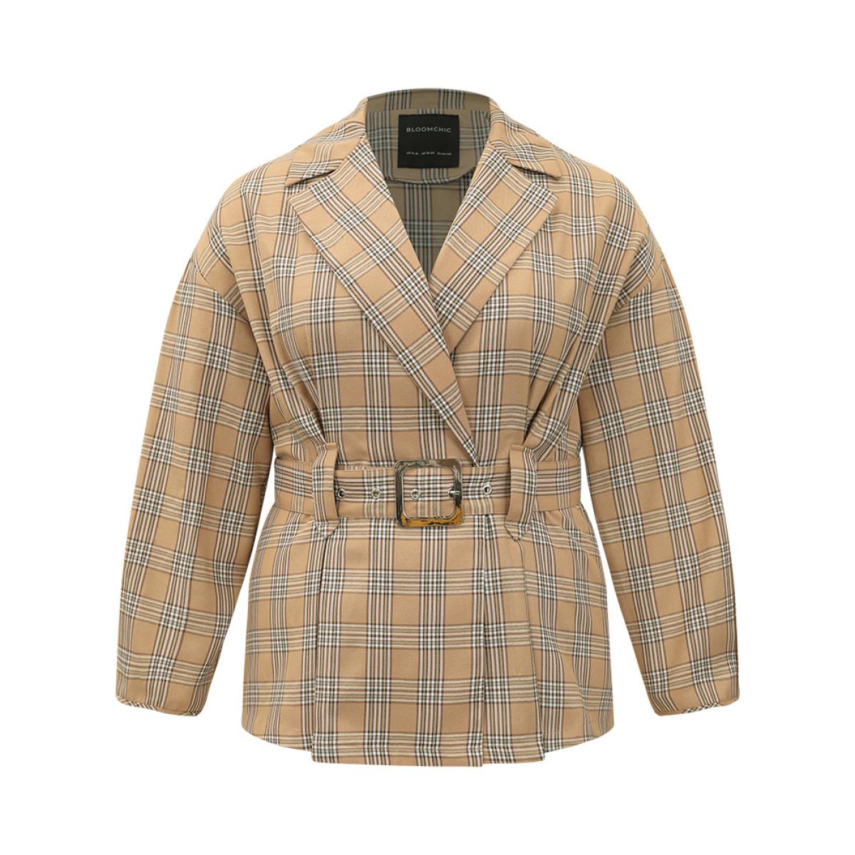 Plus Size Plaid Metal Buckle Detail Pleated Coat Women Tan Casual Belted Ladies Dailywear Winter Coats BloomChic 22-24/3X Product Image